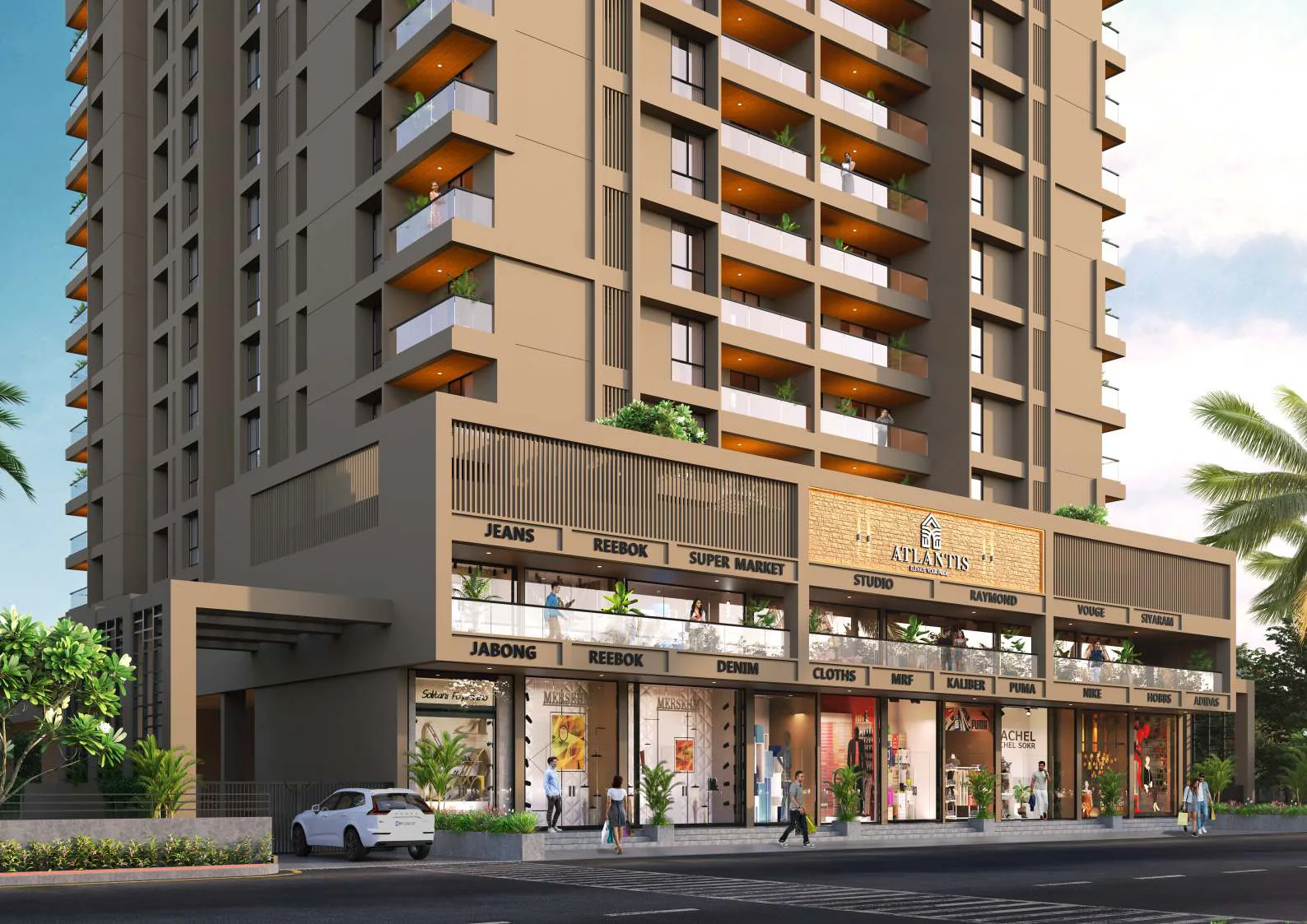 Retail frontage and entrance below the residential floors at Atlantis, Indrayani Nagar