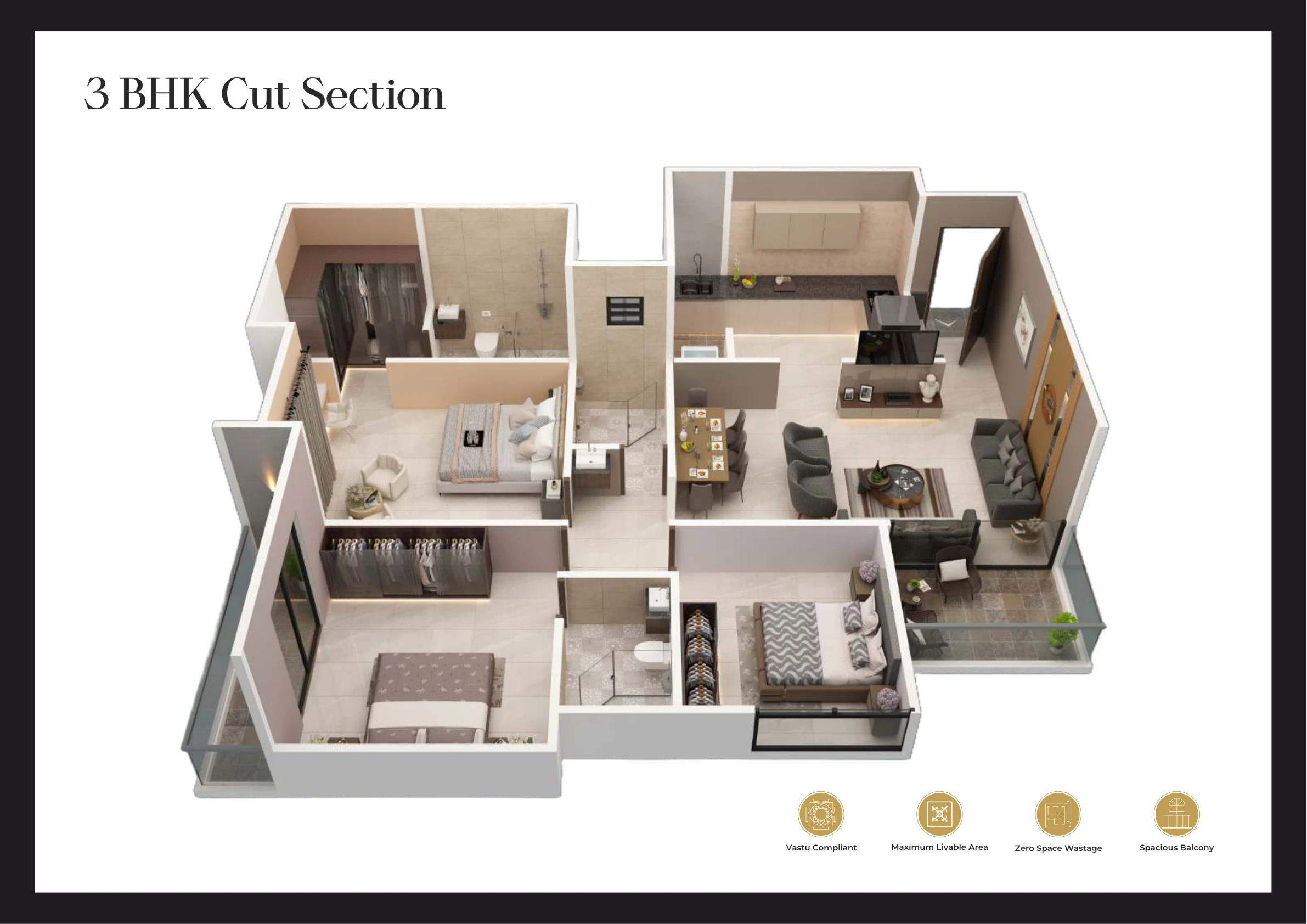 Cut-section view of a second 3 BHK layout at Atlantis, Indrayani Nagar