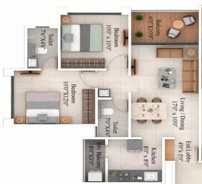 2 BHK floor plan — Sky Meridian, Ashok Nagar