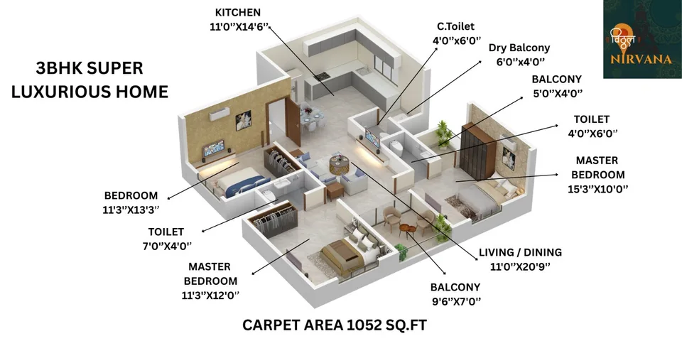 3D view of the 1,052 sq ft 3 BHK home with room sizes at Vitthal Nirvana, Nigdi