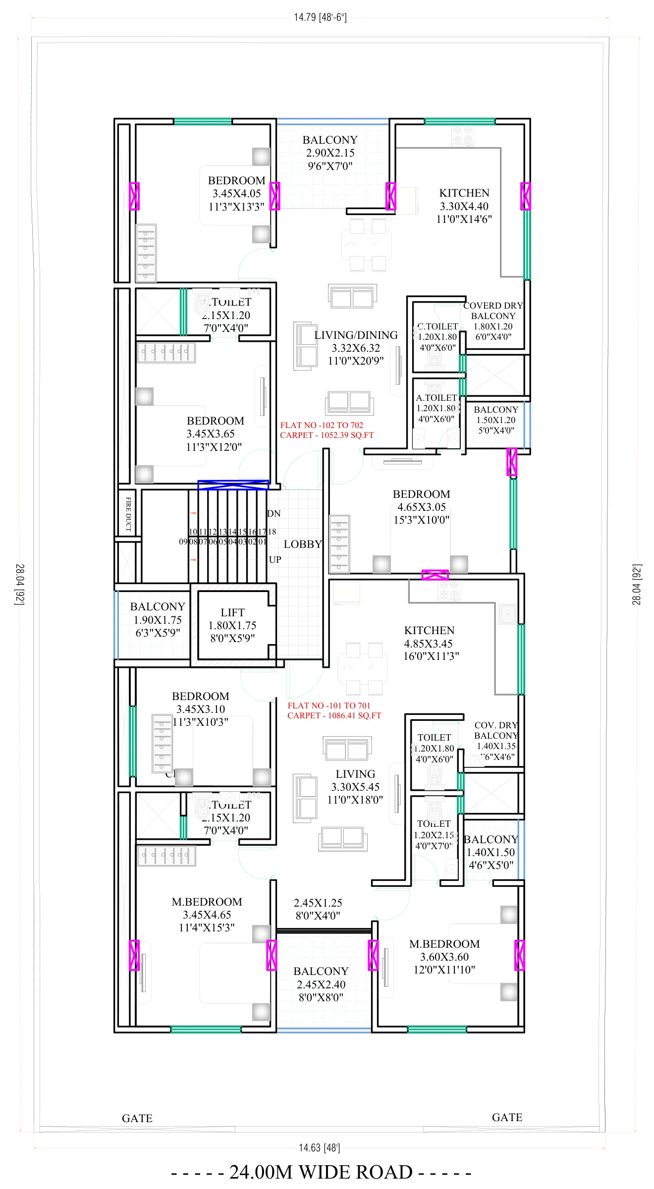 Typical floor plan with two 3 BHK homes on a 24 m road at Vitthal Nirvana, Nigdi
