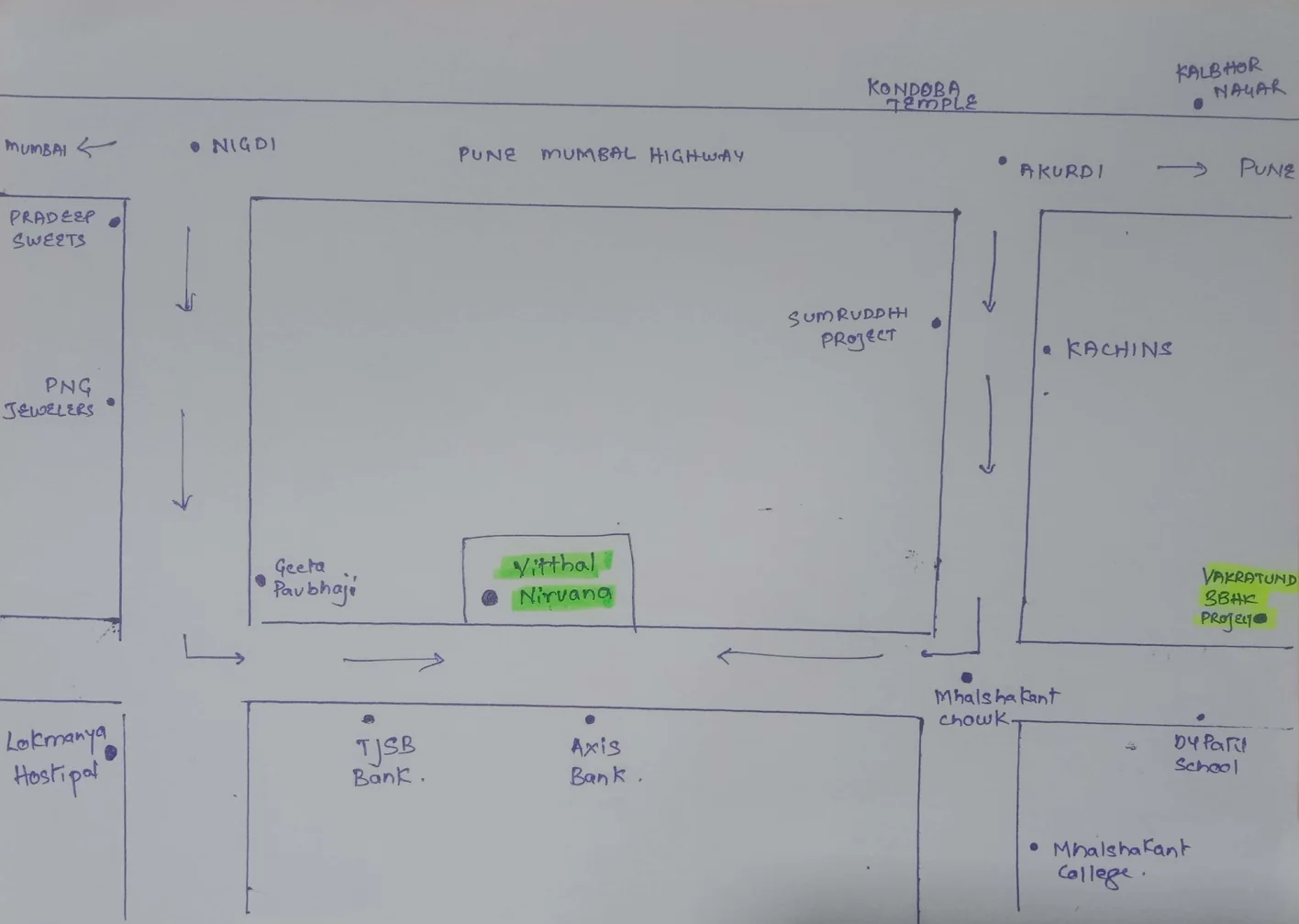 Hand-drawn location map of Sector 24, Pradhikaran, with nearby landmarks at Vitthal Nirvana, Nigdi
