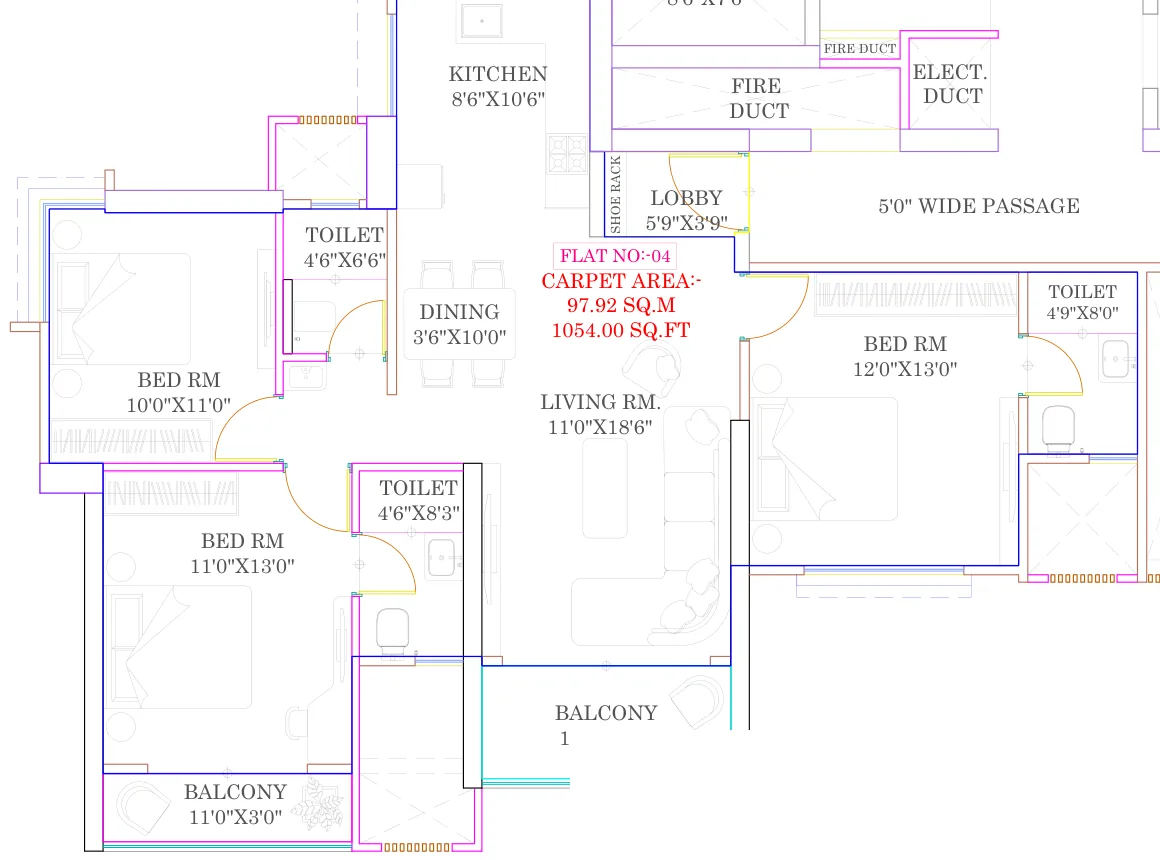 3 BHK floor plan, 1,054 sq ft carpet, Wing D at Tulip Infinity Evana, Punawale