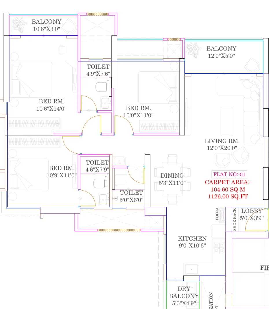 3 BHK floor plan, 1,126 sq ft carpet, Wing D at Tulip Infinity Evana, Punawale
