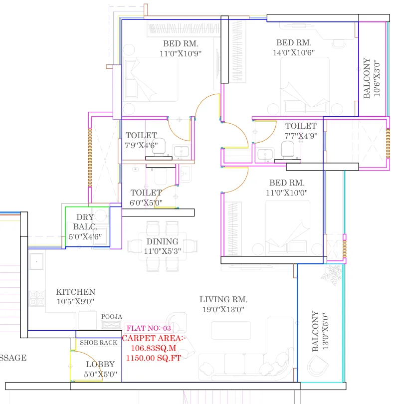 3 BHK floor plan, 1,150 sq ft carpet, Wing A at Tulip Infinity Evana, Punawale
