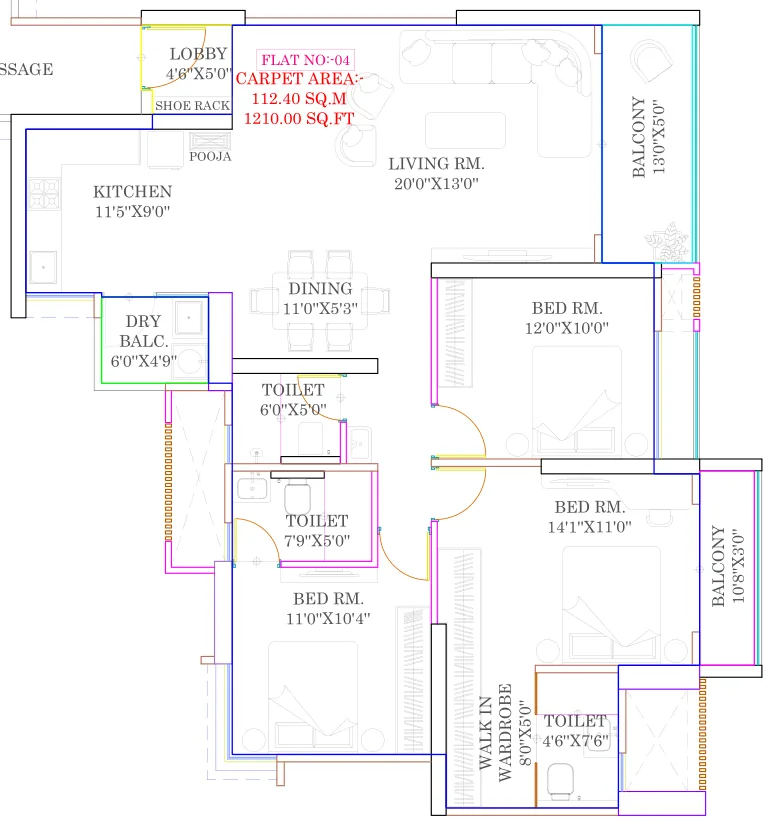 3 BHK floor plan, 1,210 sq ft carpet, Wing A at Tulip Infinity Evana, Punawale