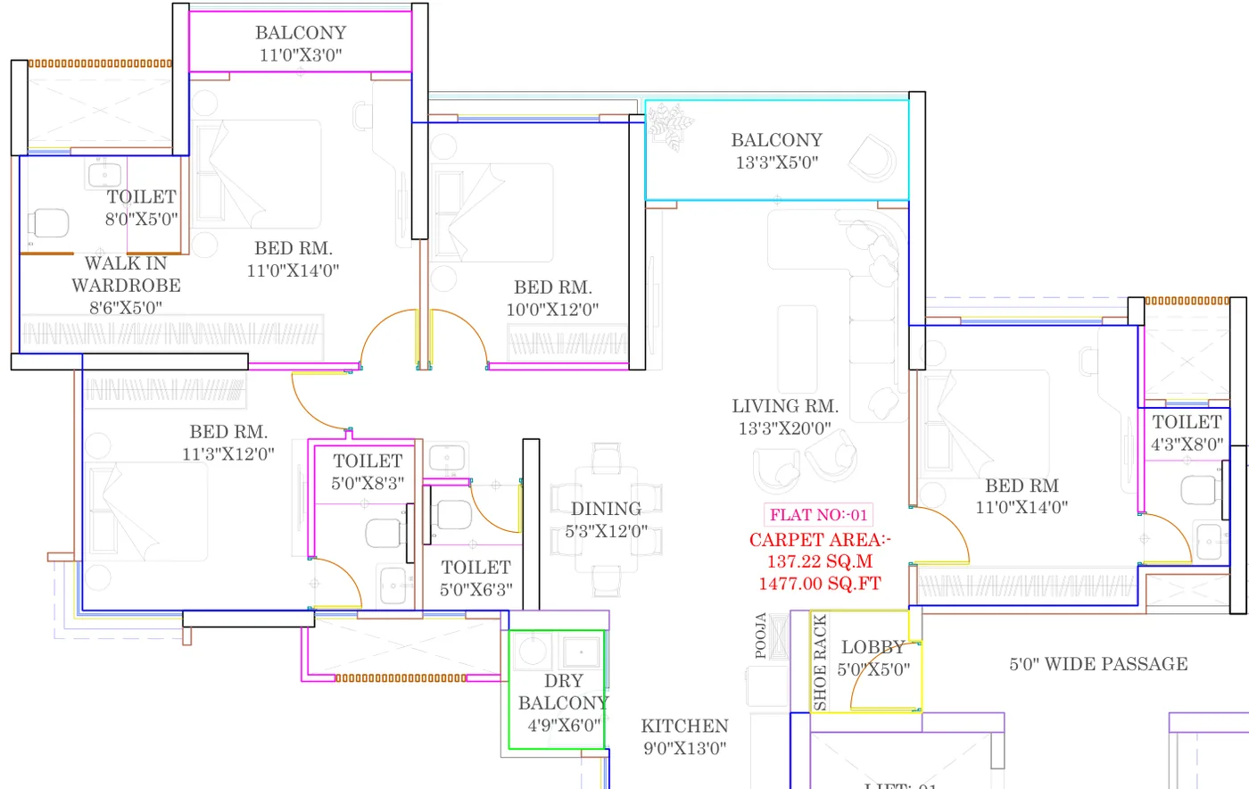 4 BHK floor plan, 1,477 sq ft carpet, Wing B at Tulip Infinity Evana, Punawale