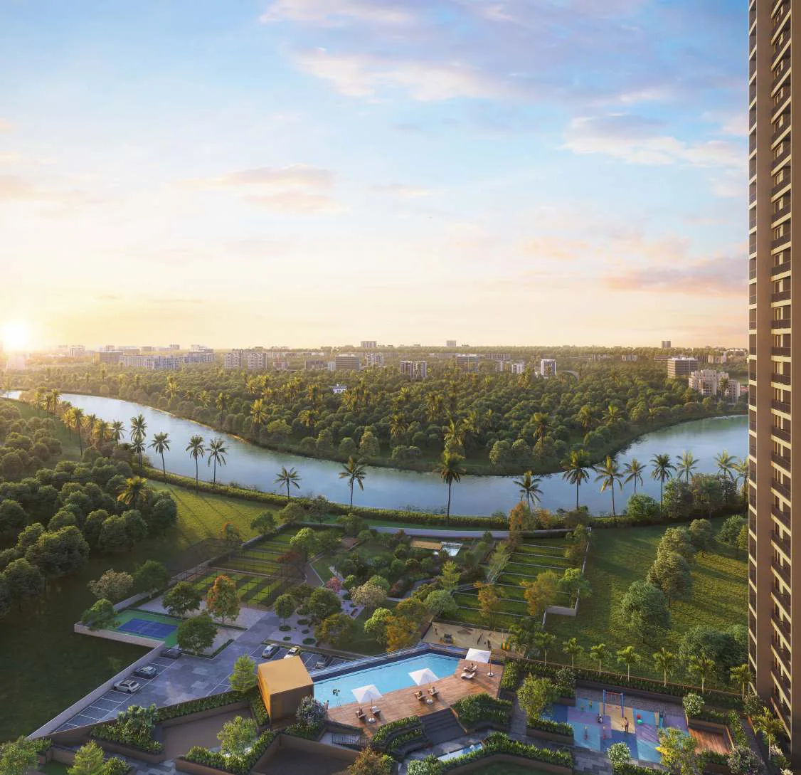 Aerial view over the podium towards the Pawana river at Tulip Infinity Evana, Punawale
