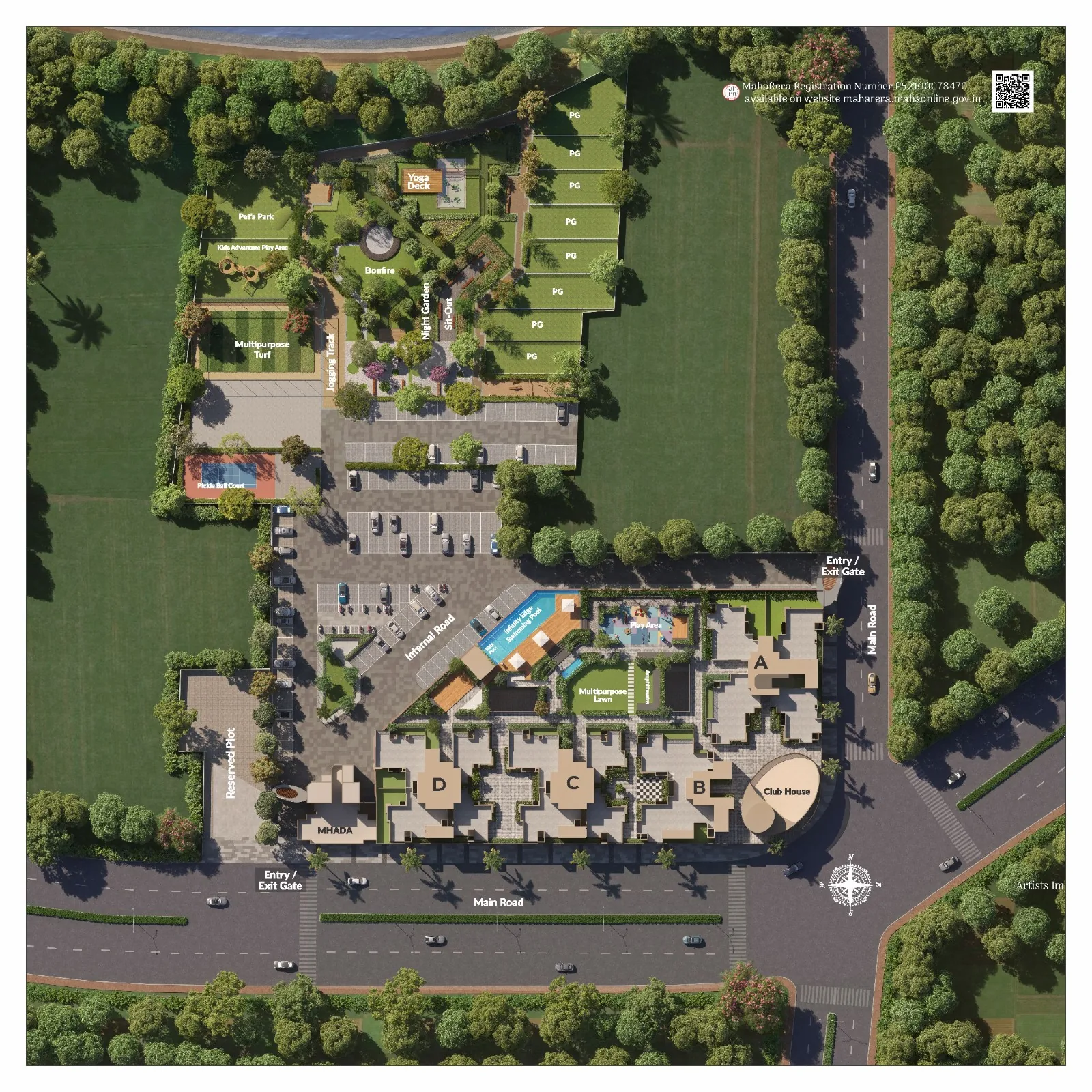 Site plan with towers A to D, clubhouse and gardens at Tulip Infinity Evana, Punawale