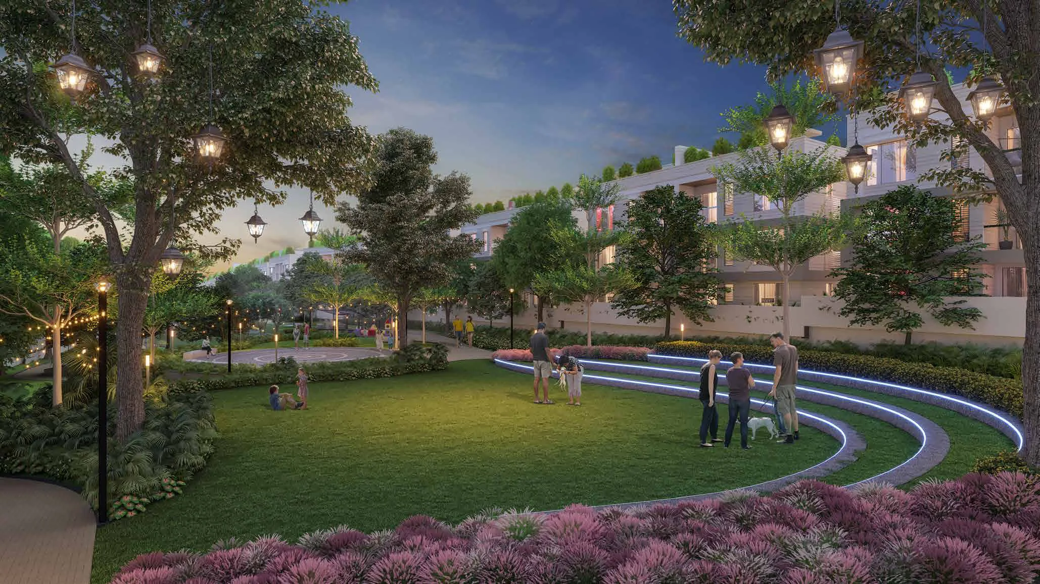Landscaped lawns and walkways between the villas at Supreme Villagio, Somatane