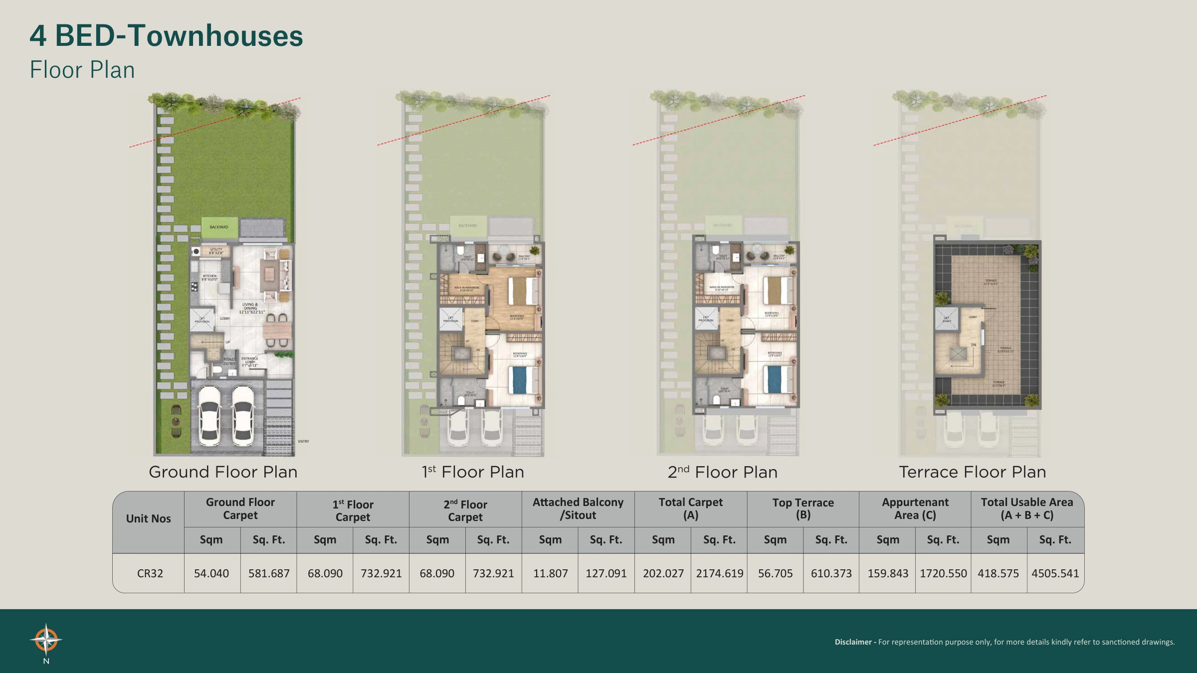 4 BHK end townhouse plan with a larger garden at Supreme Villagio, Somatane