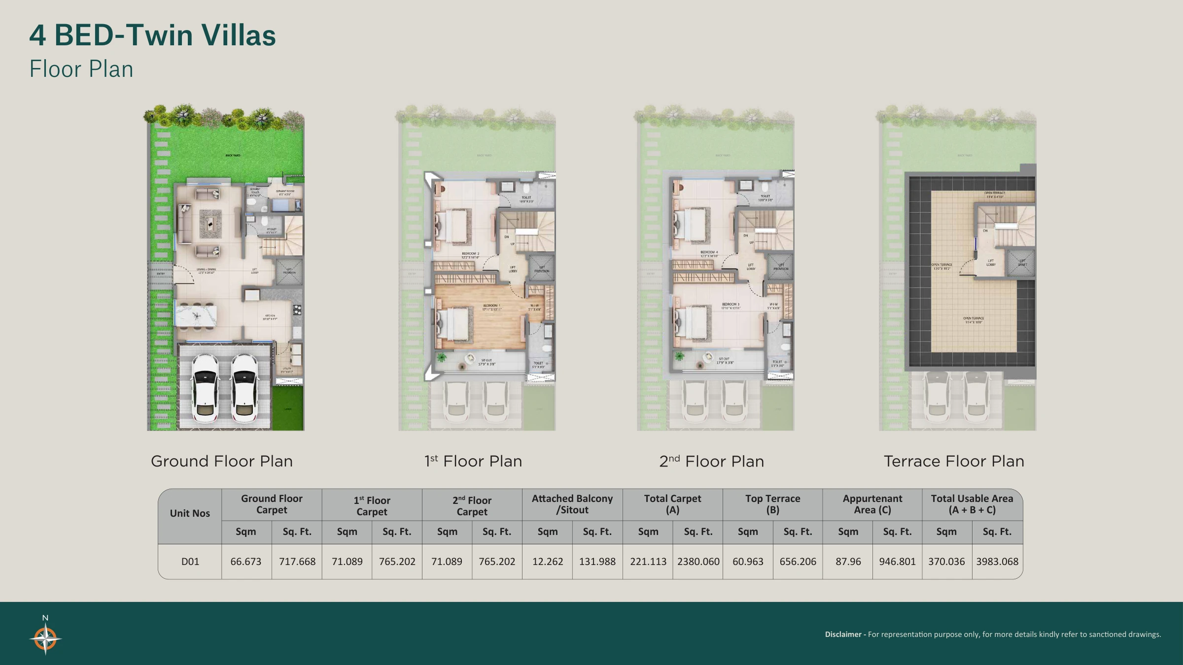 4 BHK twin villa plan for the D-series units at Supreme Villagio, Somatane