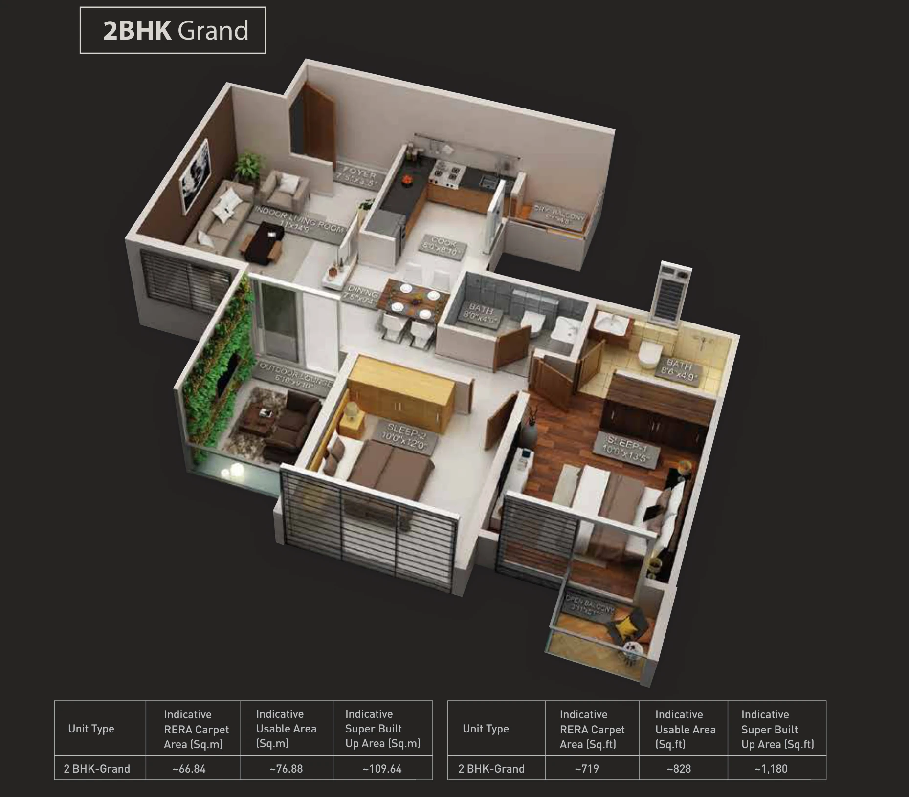 2 BHK Grand unit plan, about 828 sq ft usable area, at Purva Aspire, Bavdhan