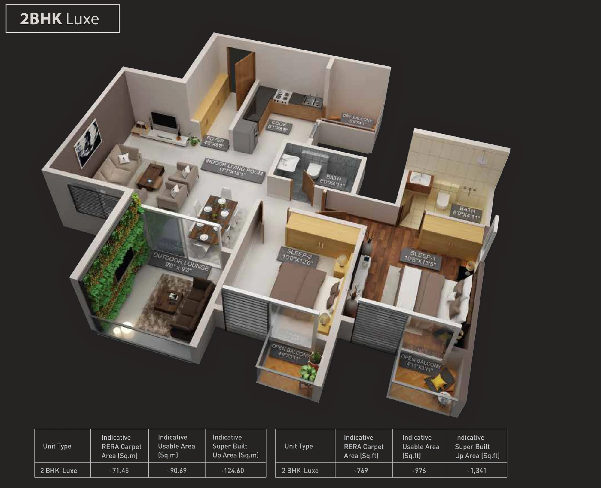 2 BHK Luxe unit plan with outdoor lounge and open balcony at Purva Aspire, Bavdhan