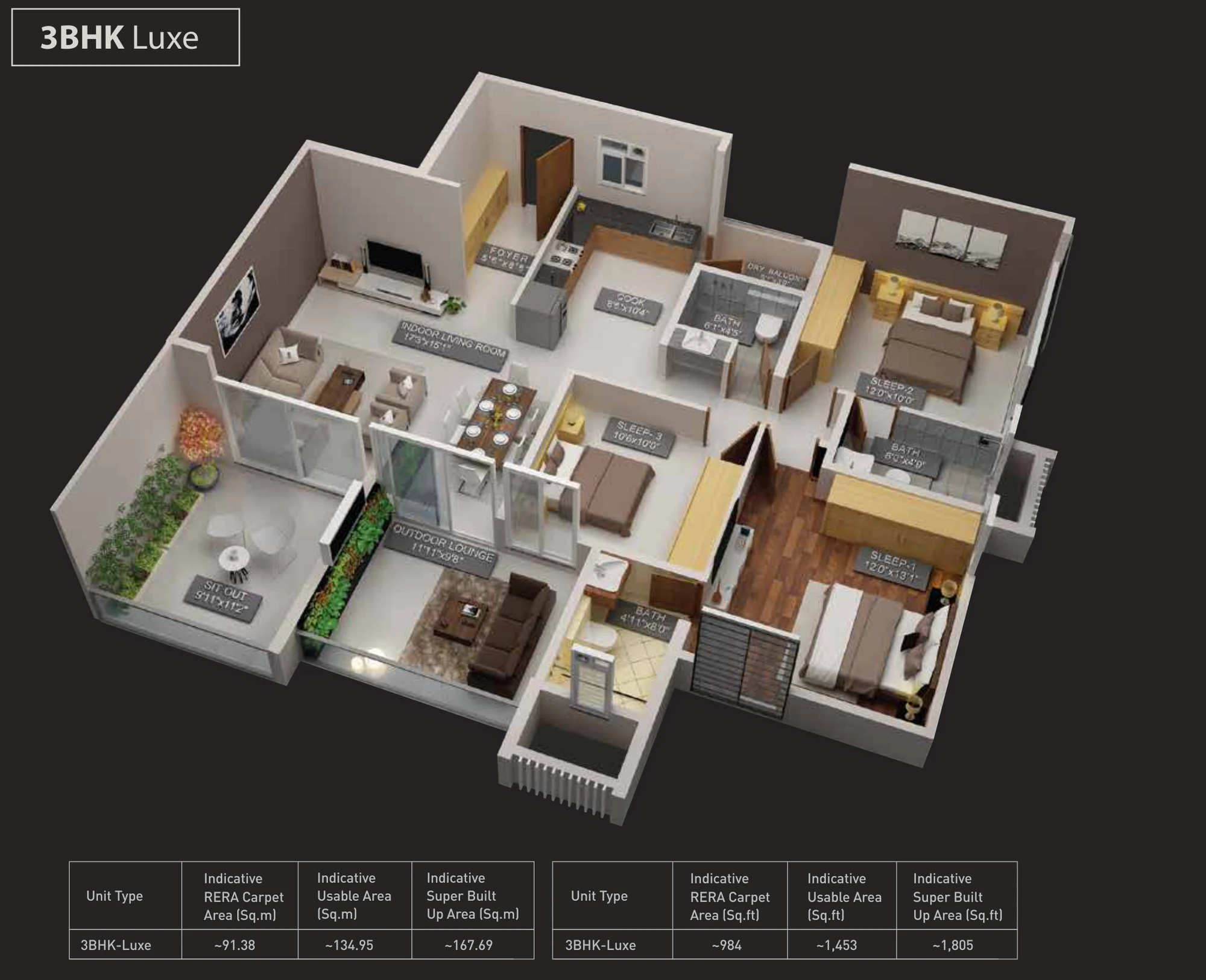 3 BHK Luxe unit plan, about 1,453 sq ft usable area, at Purva Aspire, Bavdhan