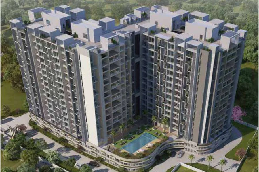 Aerial view of the two towers and the podium pool at Purva Aspire, Bavdhan