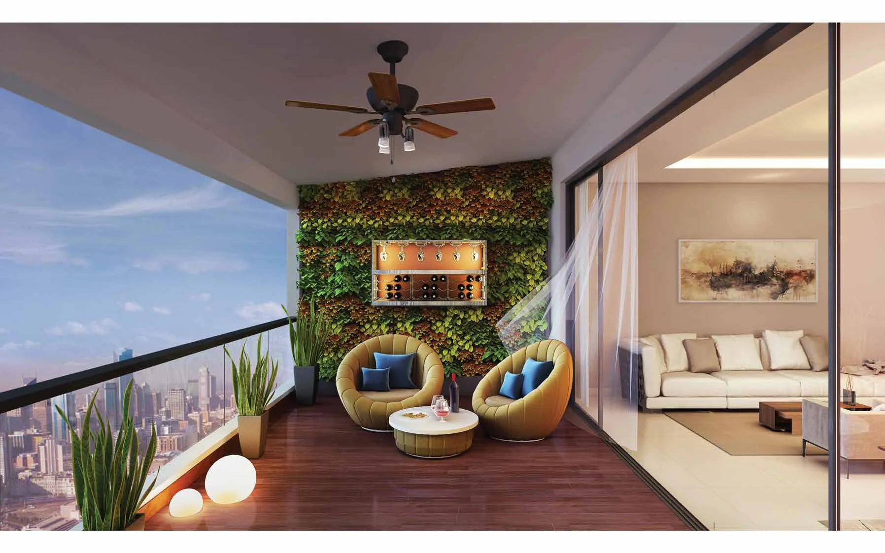 Twin Living outdoor lounge with a green wall beside the living room at Purva Aspire, Bavdhan