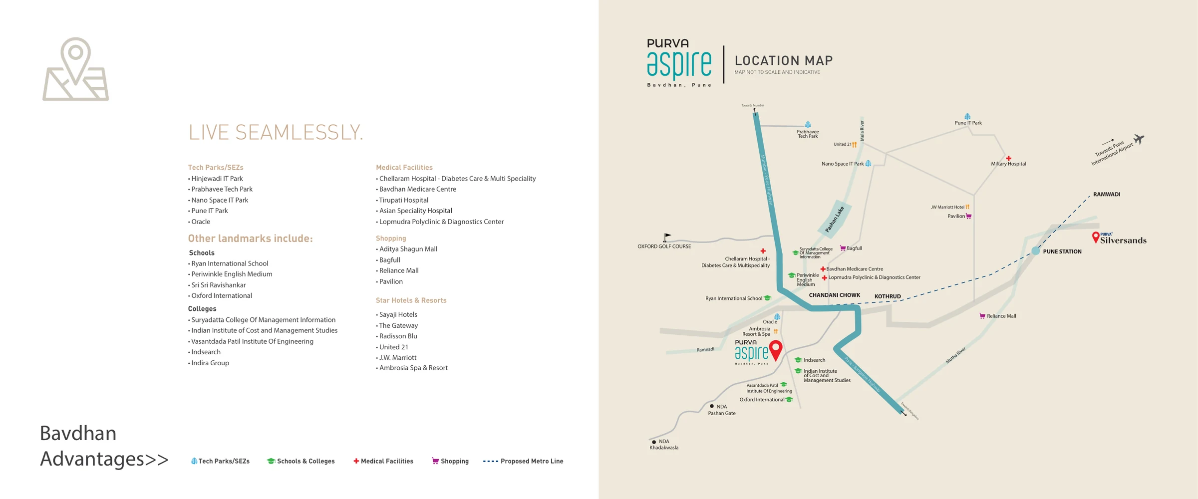 Location map with tech parks, schools, hospitals and highways around Purva Aspire, Bavdhan