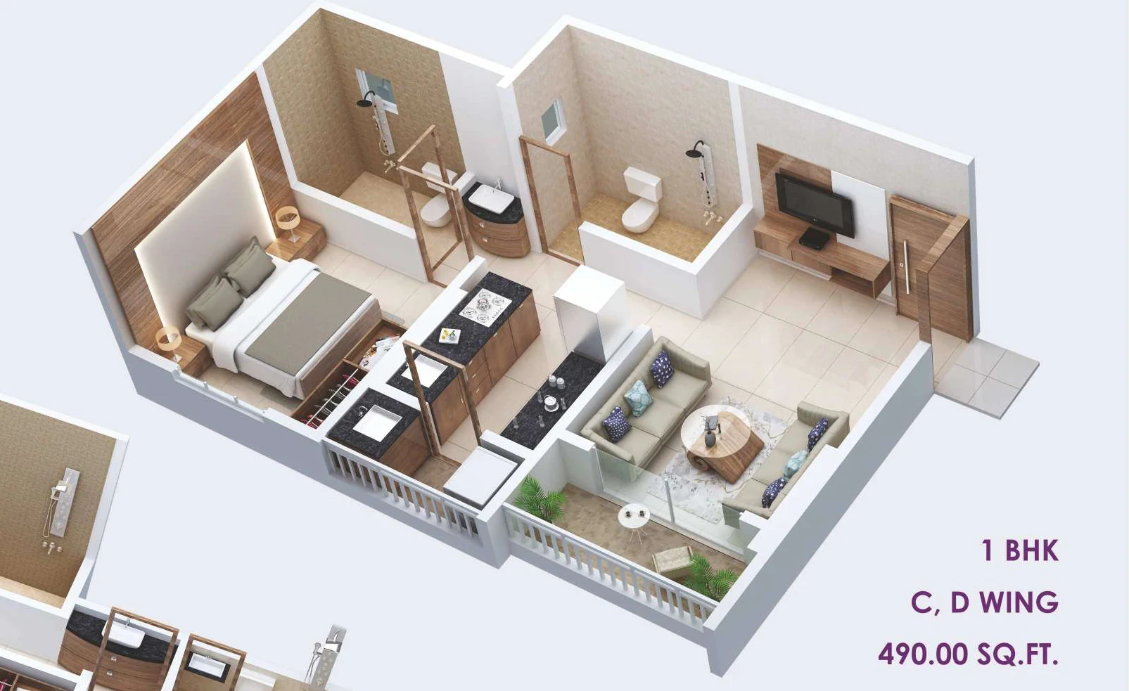 3D view of the furnished 490 sq ft 1 BHK at Petals, Tathawade