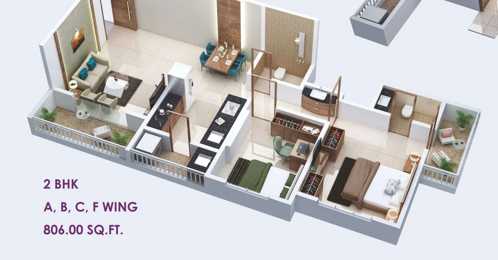 3D view of the furnished 806 sq ft 2 BHK at Petals, Tathawade