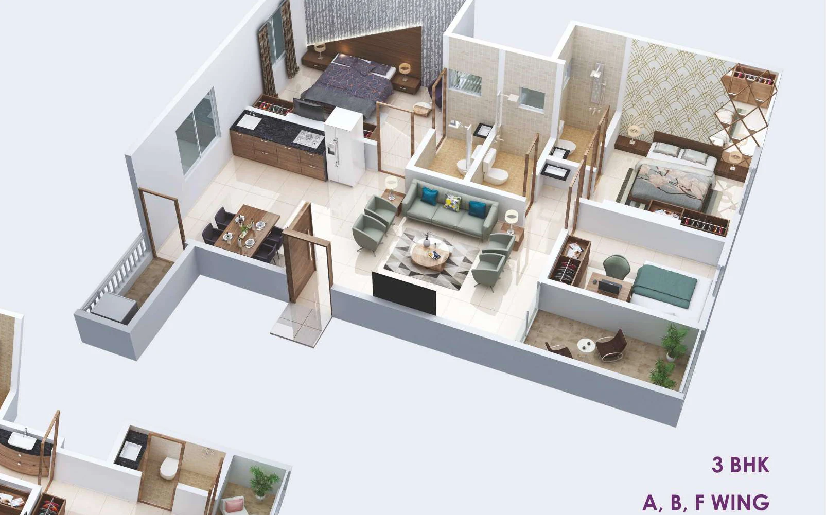 3D view of the furnished 963 sq ft 3 BHK at Petals, Tathawade