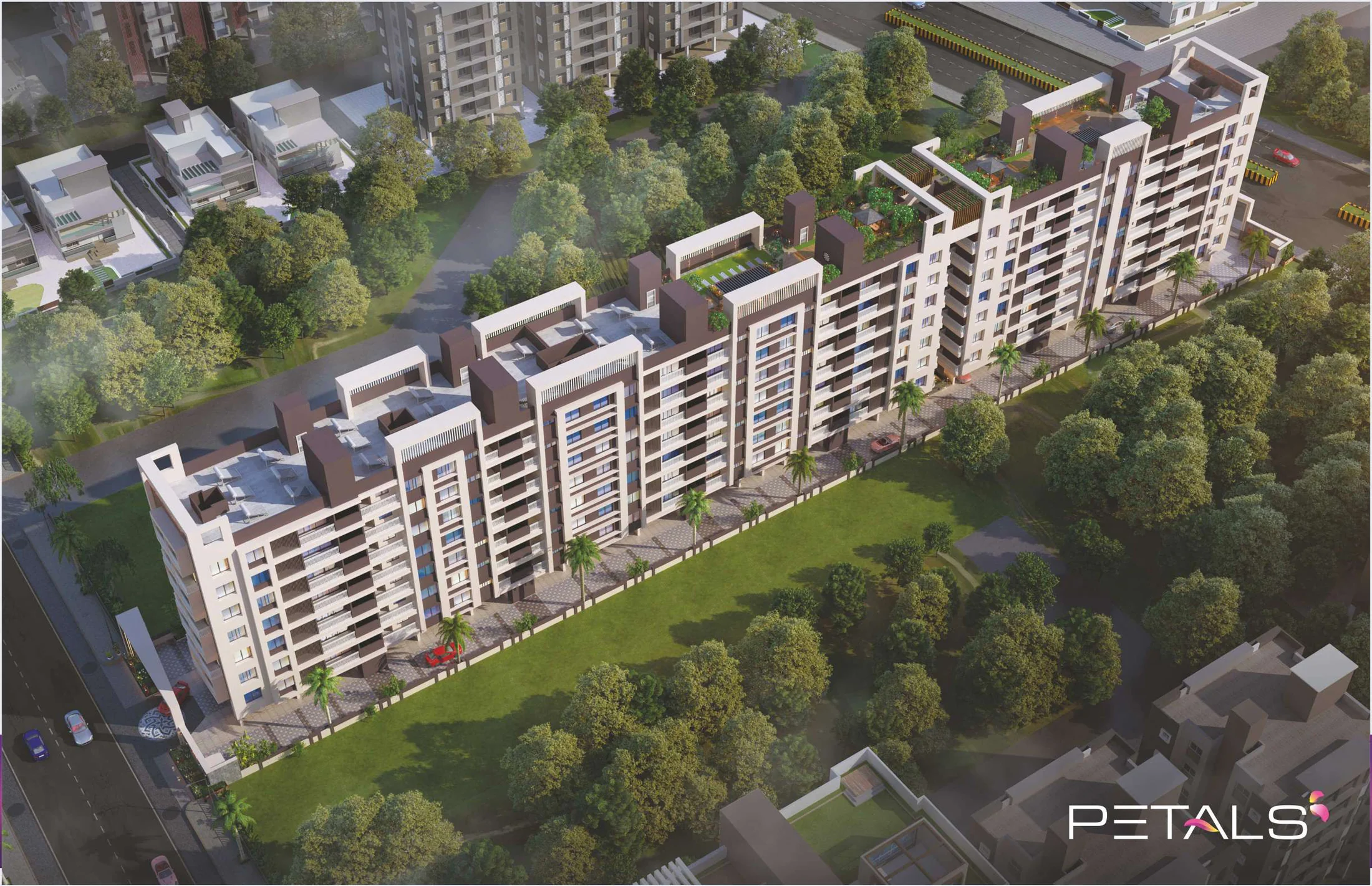 Aerial view of the six wings beside a green open space at Petals, Tathawade