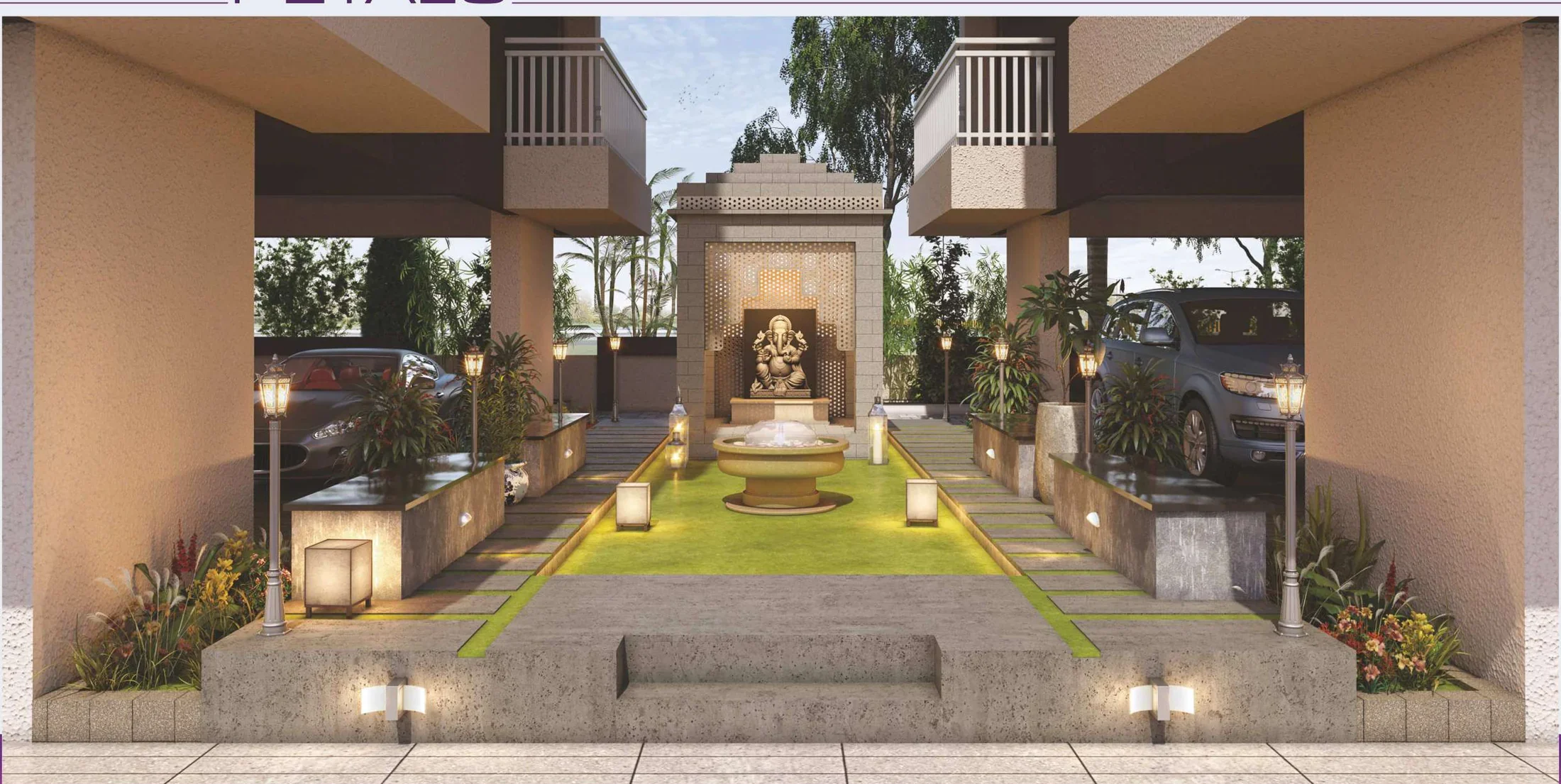 Ganesh mandir courtyard with a lawn and lamps at Petals, Tathawade