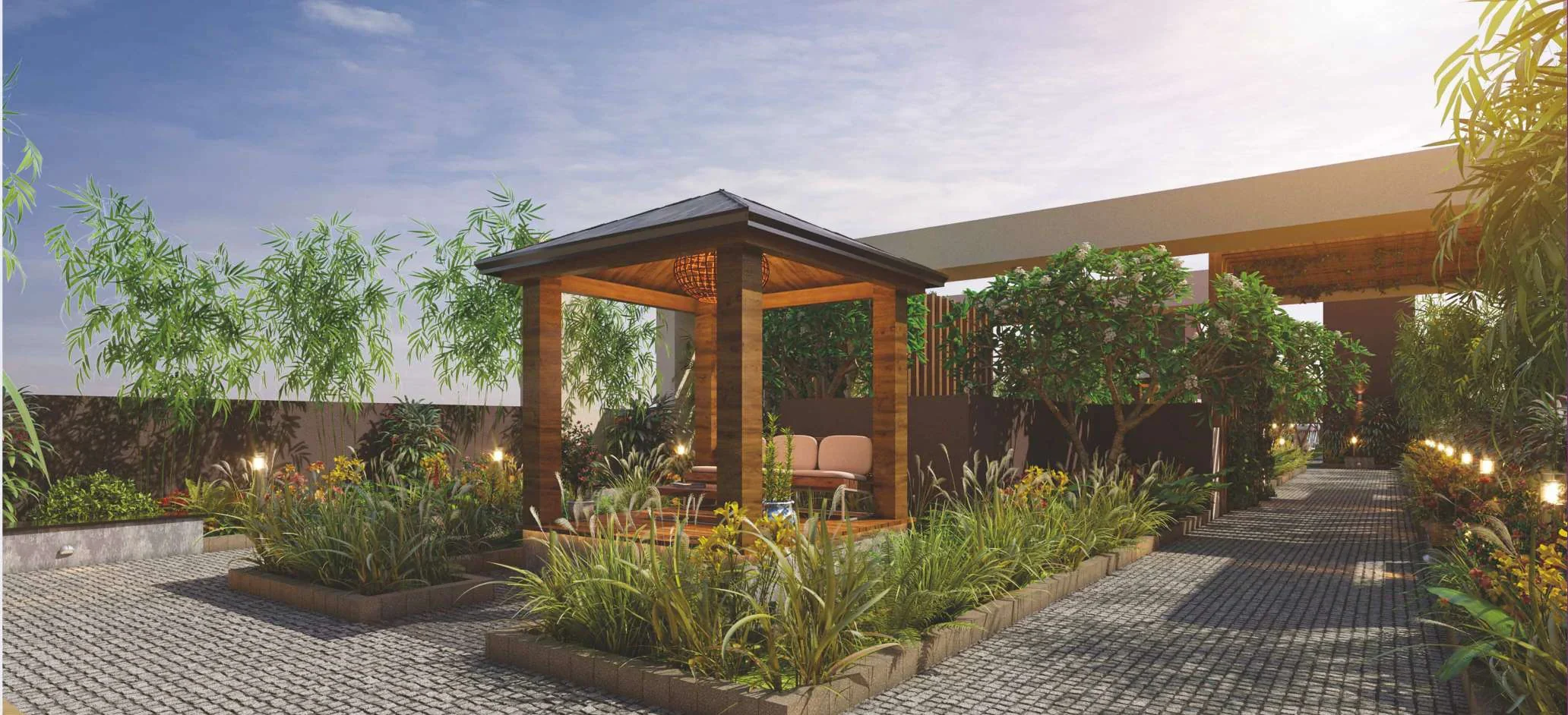 Rooftop gazebo sit-out with planted beds at Petals, Tathawade