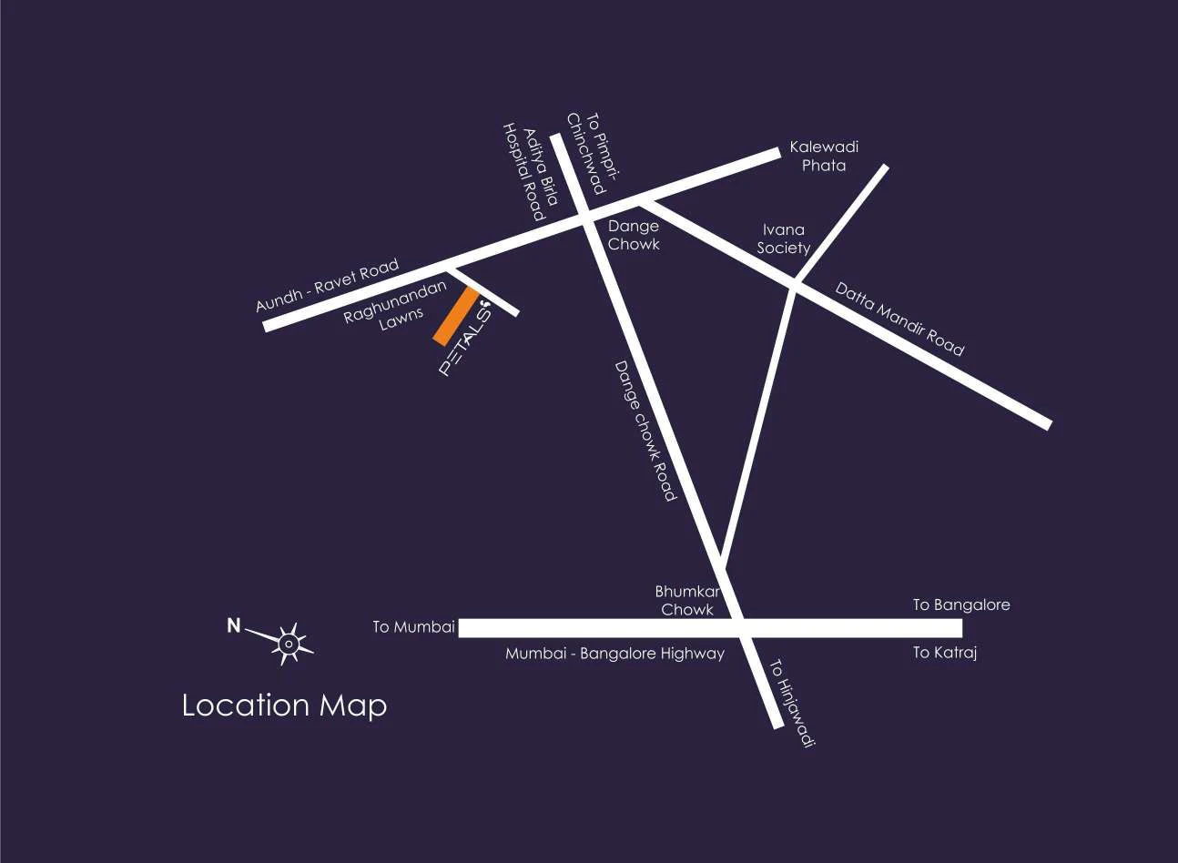 Location map from Dange Chowk to the Mumbai-Bengaluru highway around Petals, Tathawade