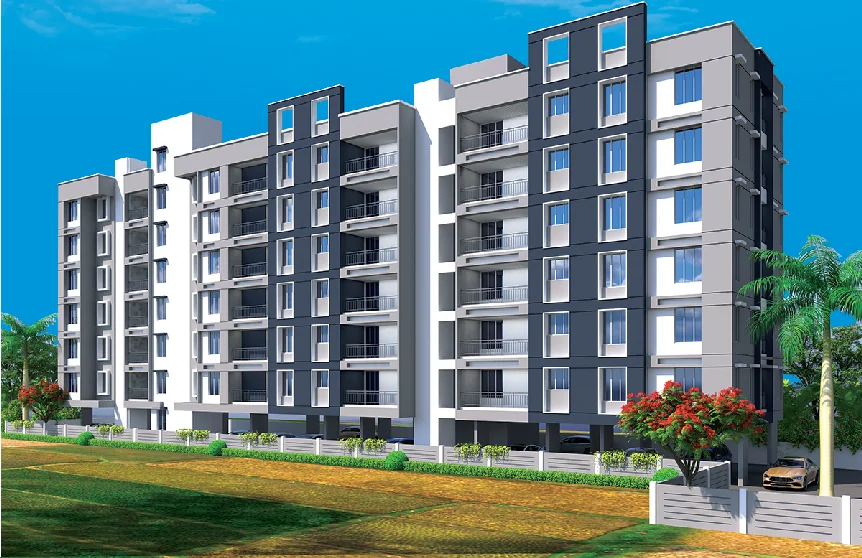 Six-storey residential buildings with a landscaped front lawn at Skyone, Walhekarwadi