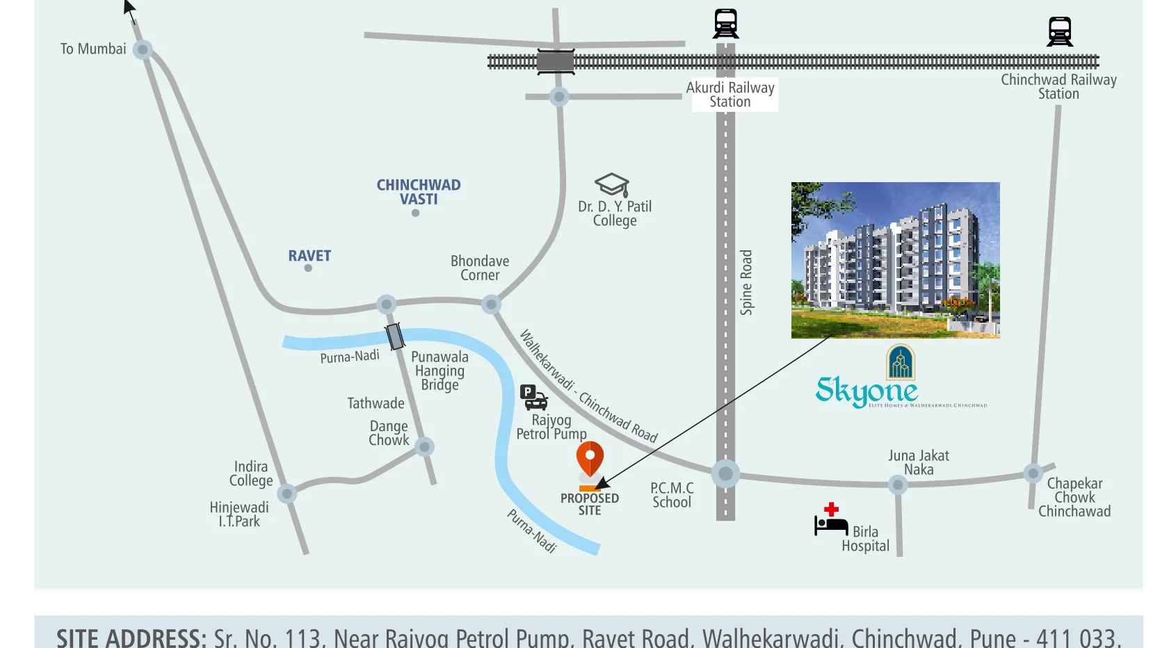 Location map with Akurdi and Chinchwad stations and Ravet around Skyone, Walhekarwadi