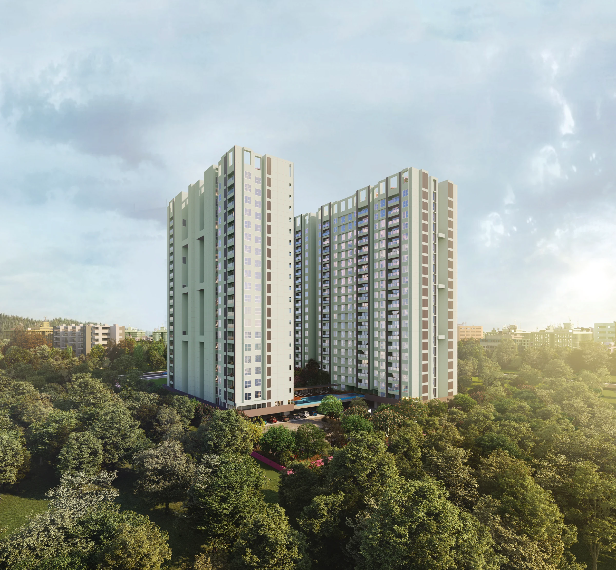Aerial view of the residential towers rising above tree cover at The Reserve, Mundhwa