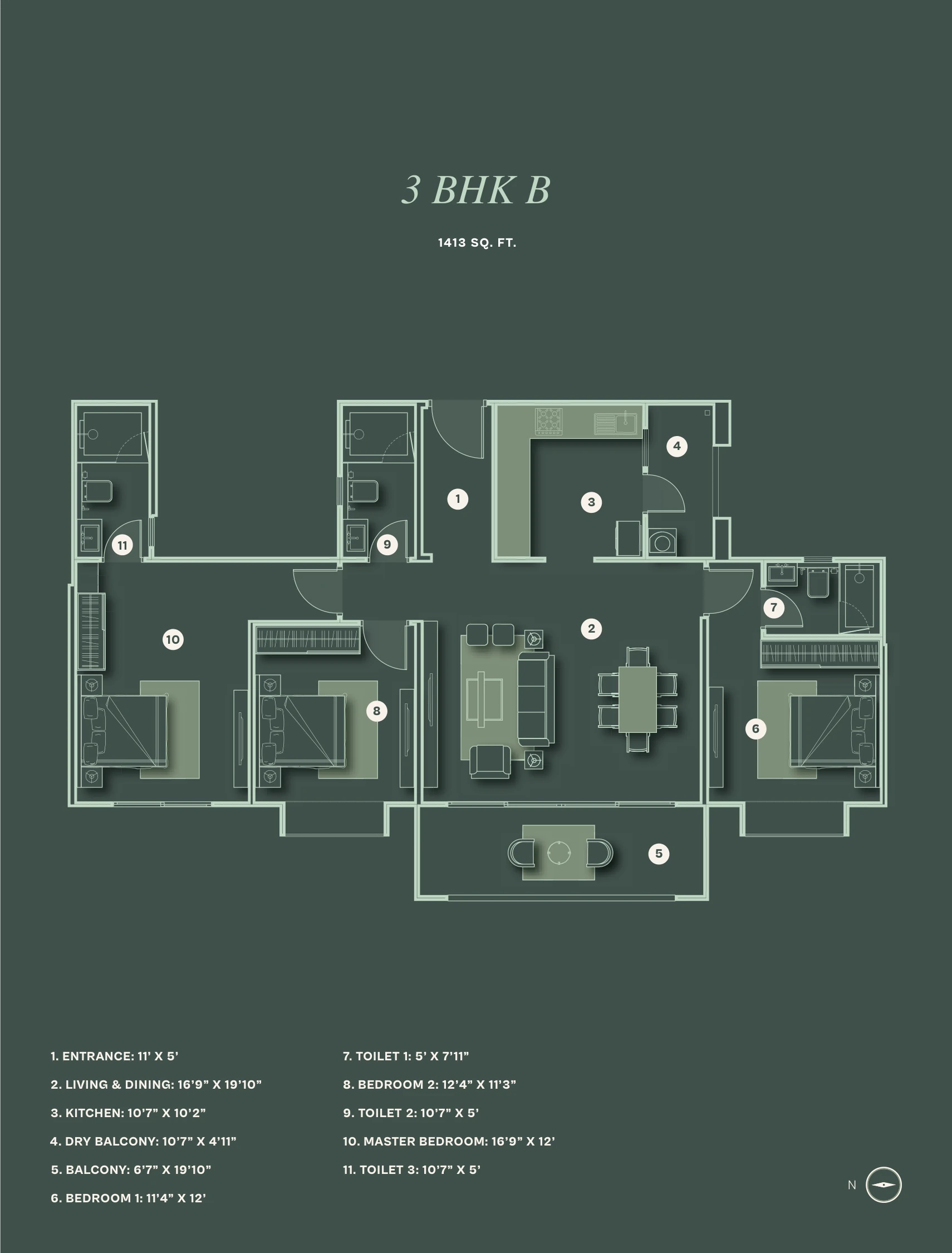 3 BHK floor plan — The Reserve, Koregaon Park Annexe