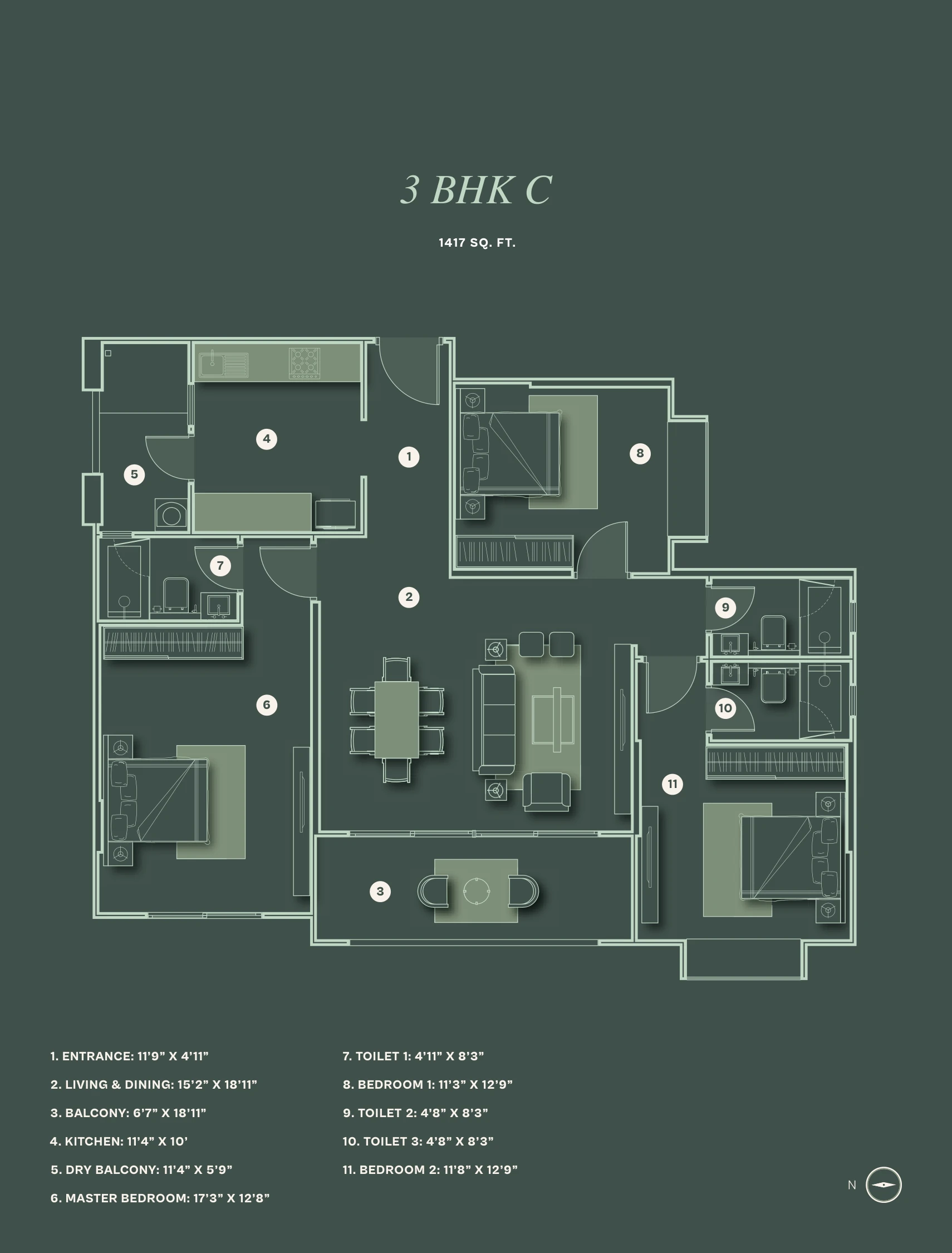 3 BHK floor plan — The Reserve, Koregaon Park Annexe