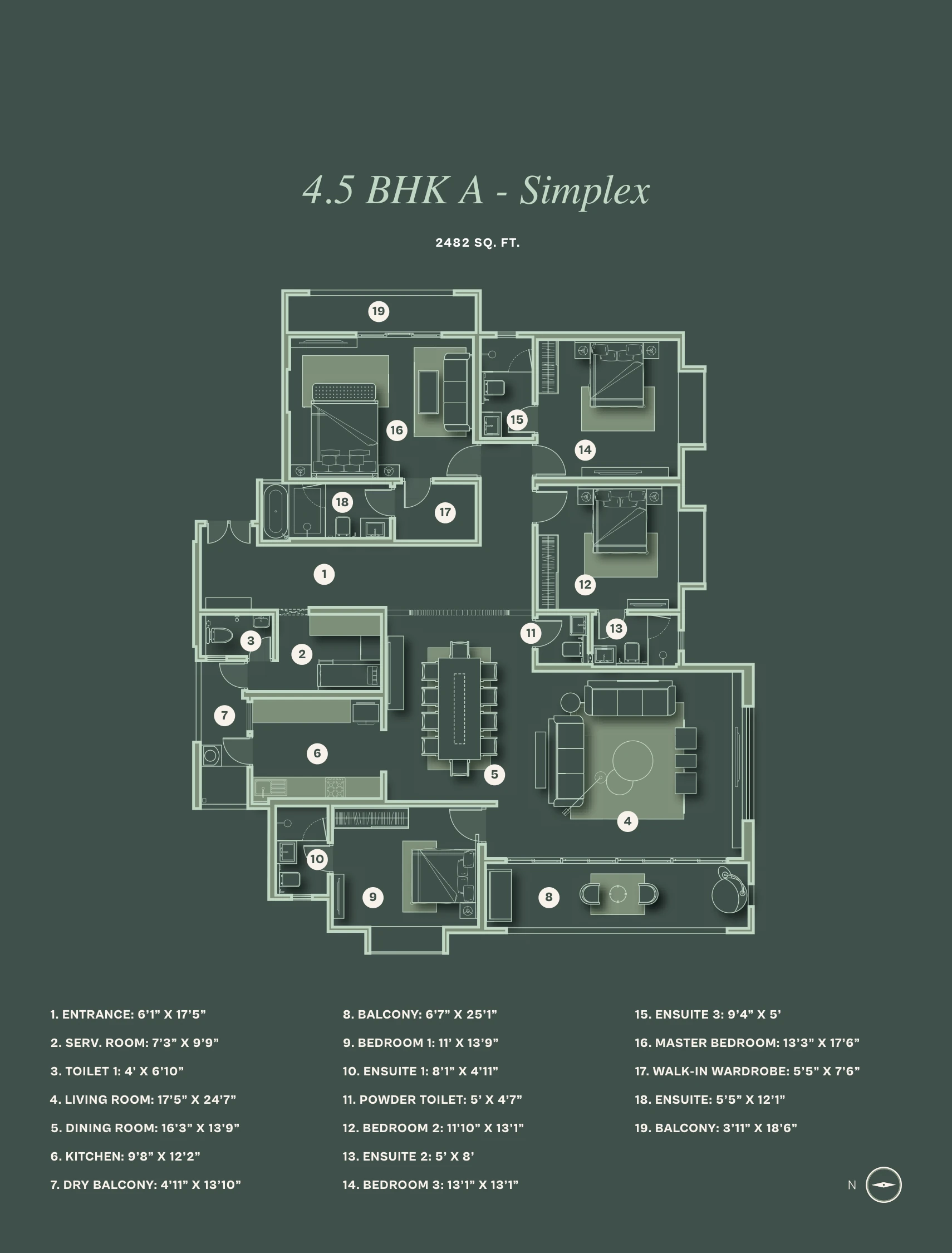 4 BHK floor plan of 2,482 sq ft with a servant's room at The Reserve, Mundhwa