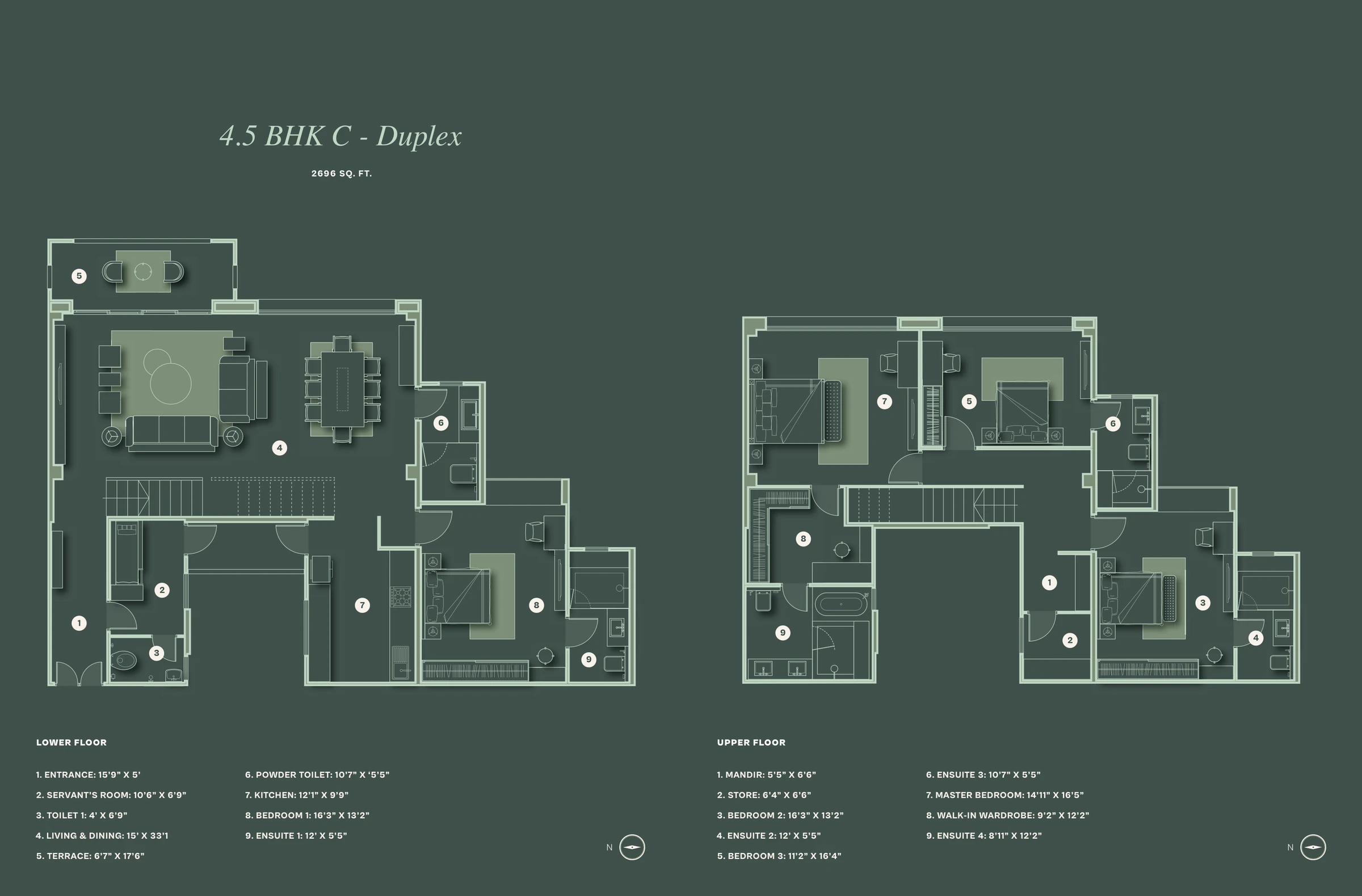 4 BHK duplex floor plan of 2,696 sq ft showing both levels at The Reserve, Mundhwa