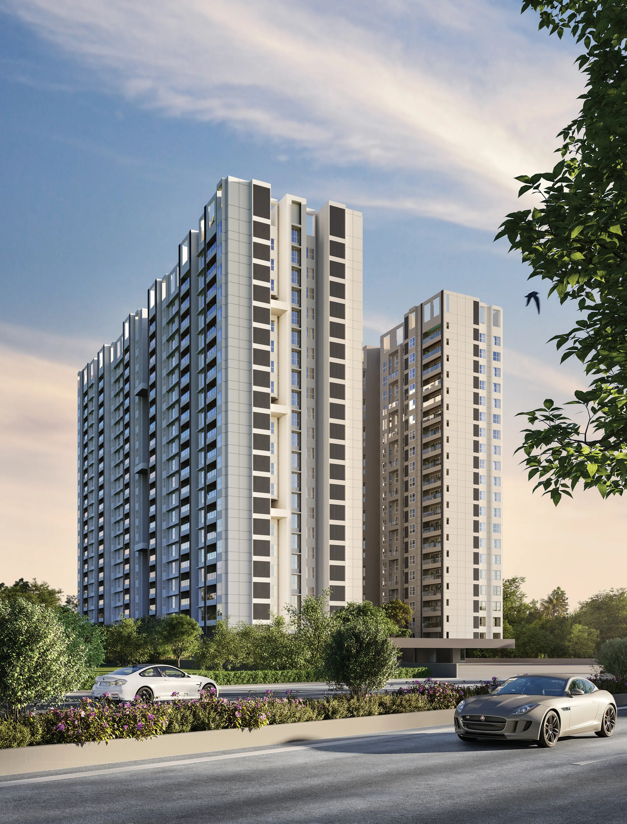 Residential towers seen from the approach road at The Reserve, Mundhwa