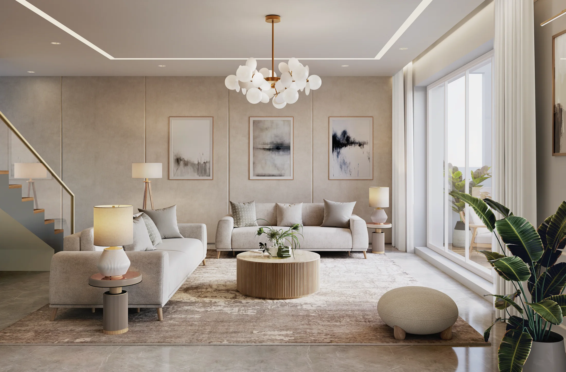 Duplex living room with a staircase and full-height windows at The Reserve, Mundhwa