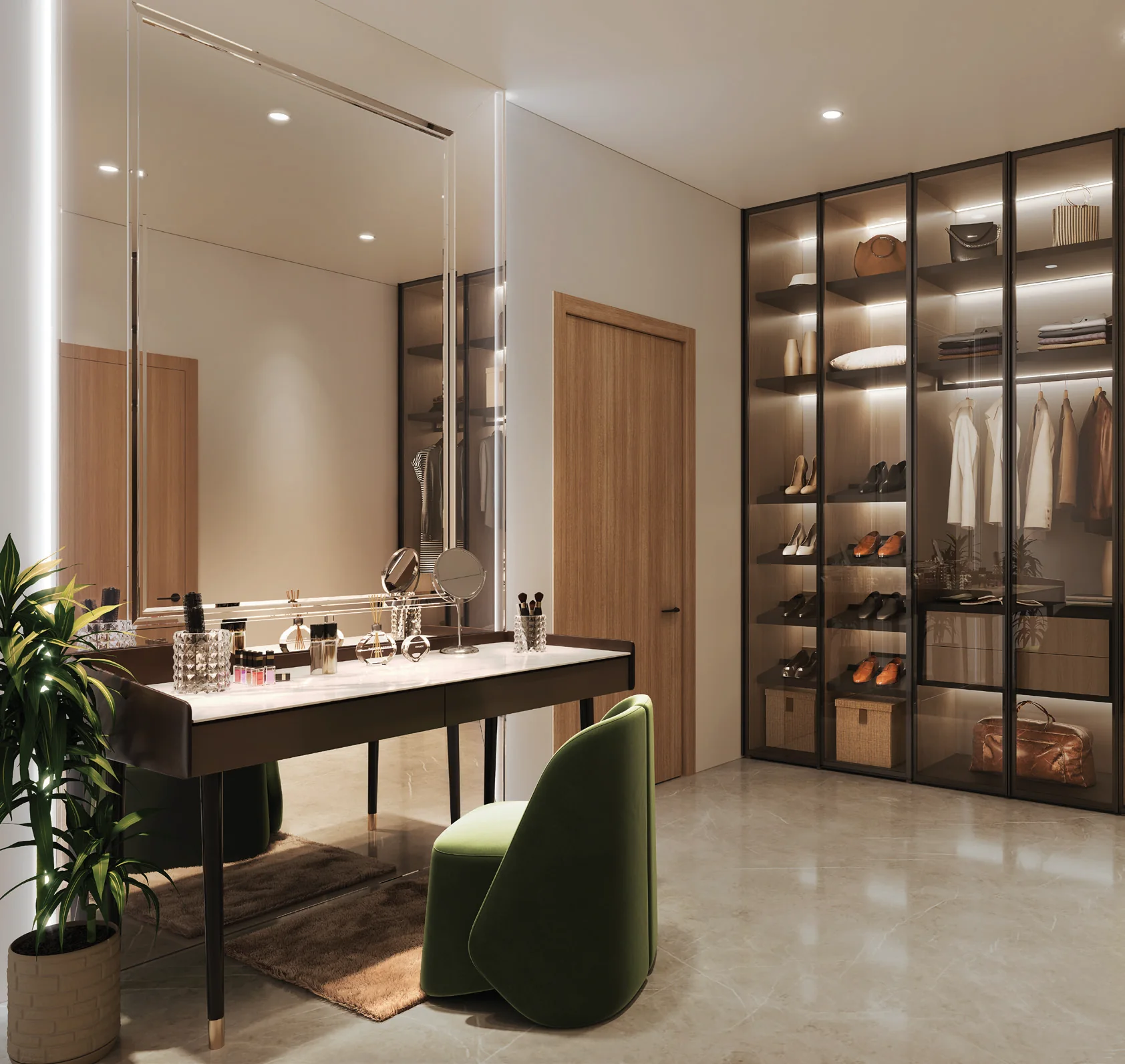 Dressing area with a lit walk-in wardrobe at The Reserve, Mundhwa