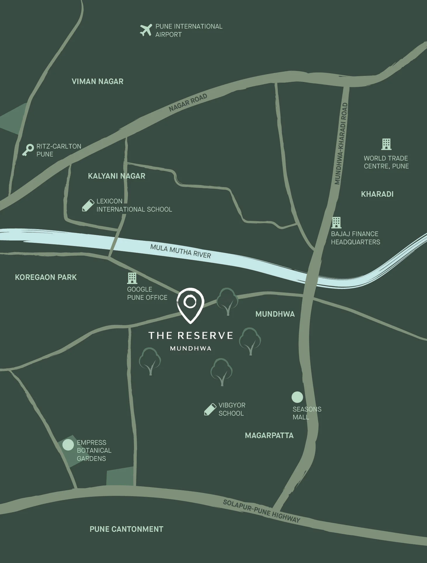 Location map with Koregaon Park, Kalyani Nagar and Magarpatta around The Reserve, Mundhwa