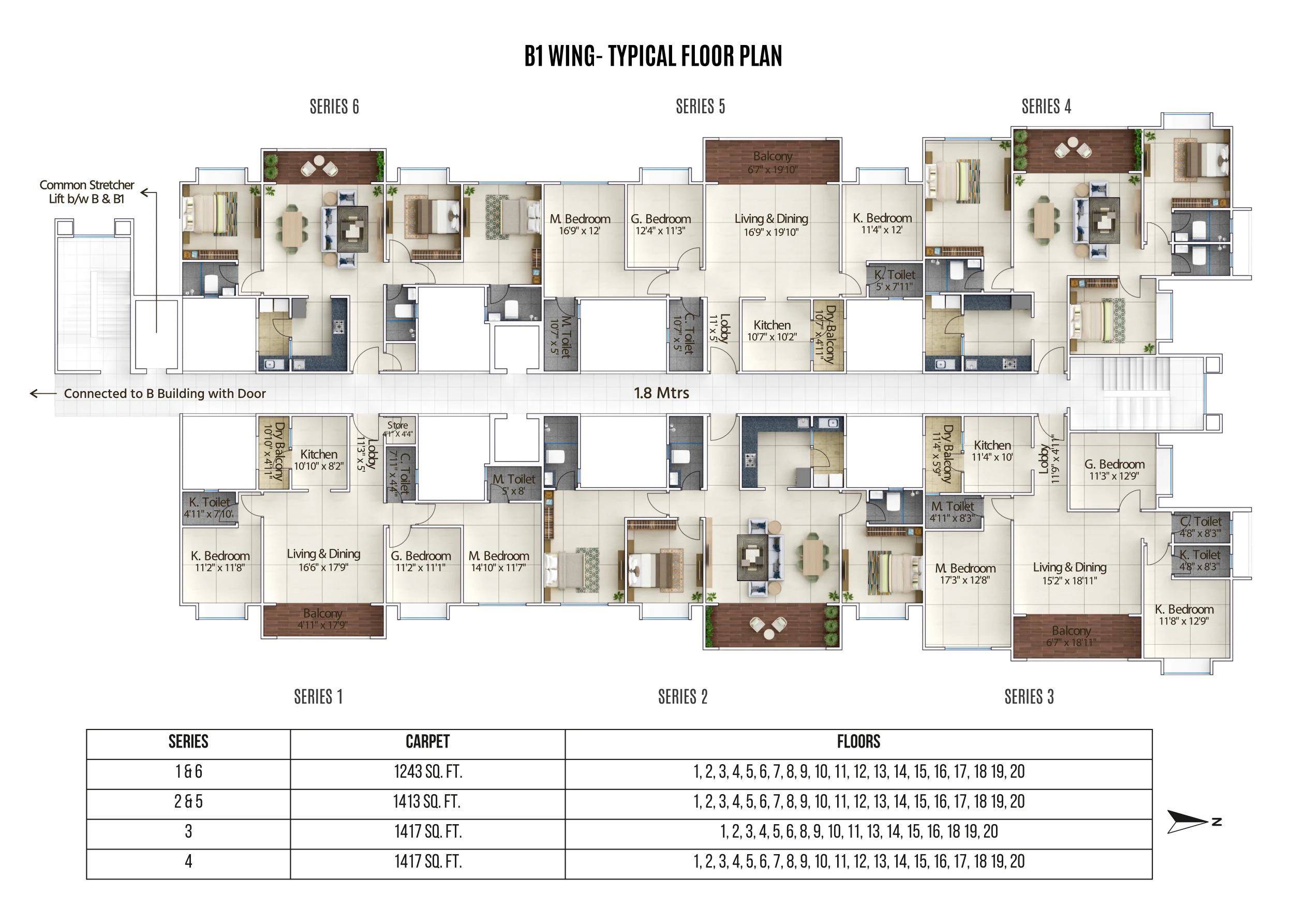 B1 wing typical floor plan with six 3 BHK homes at The Reserve, Mundhwa