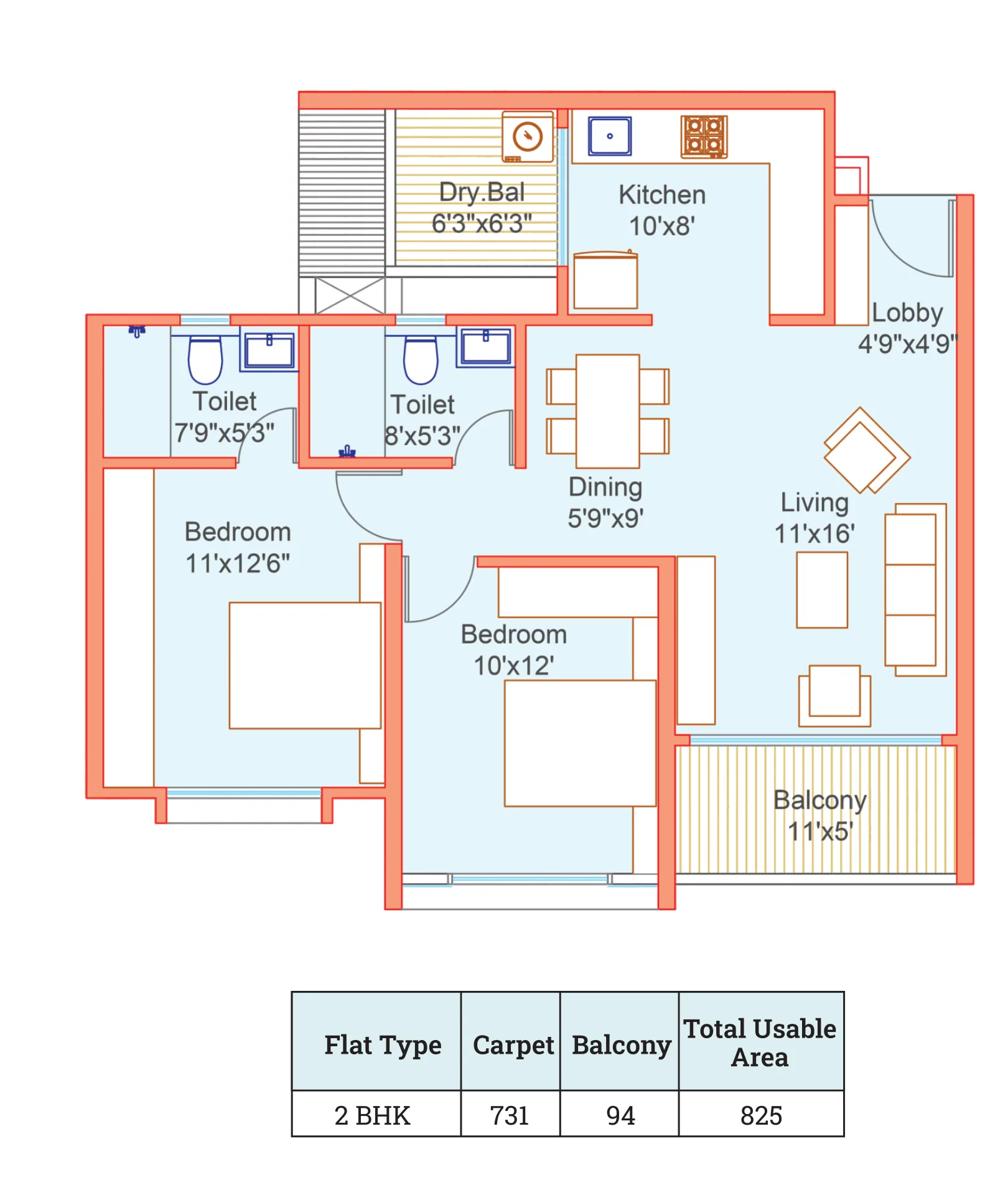 2 BHK floor plan — Dream Delmont, Bavdhan Budruk