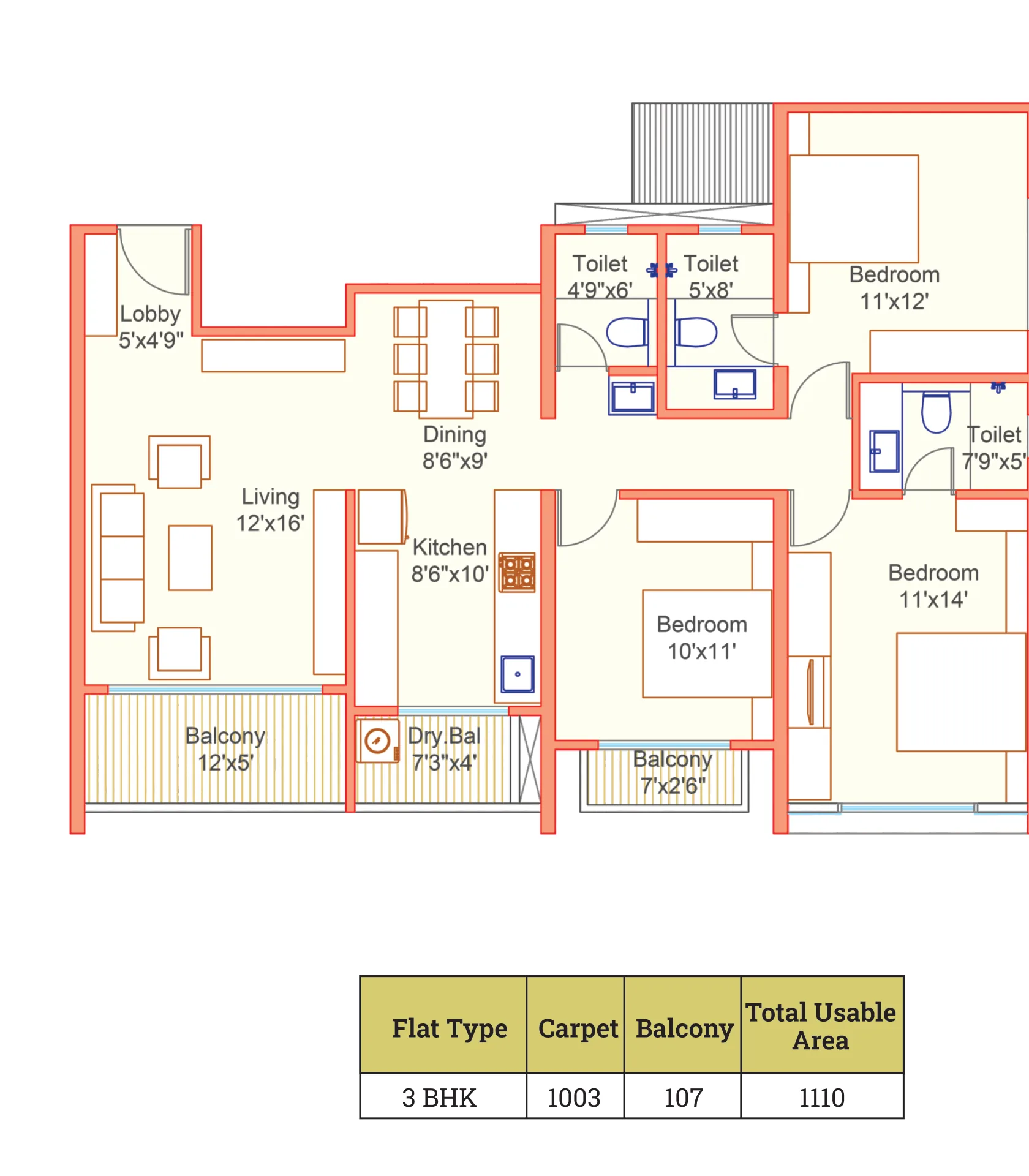 3 BHK plan of 1,110 sq ft with room sizes at Dream Delmont, Bavdhan