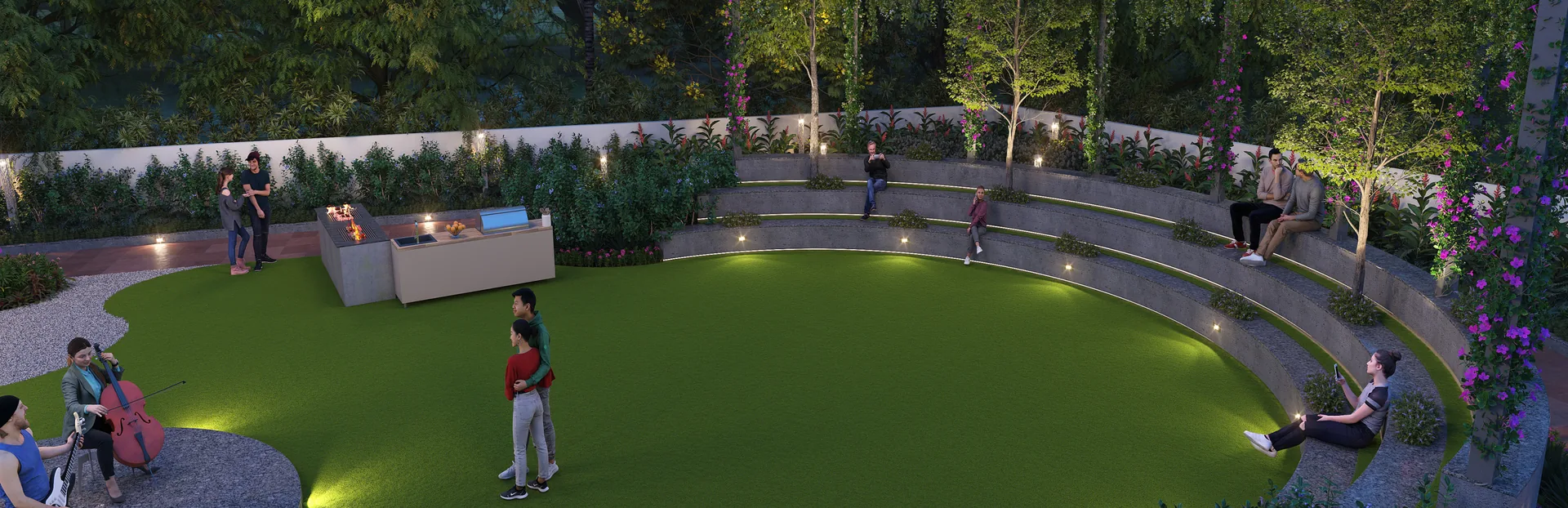 Amphitheatre with stepped seating around a lawn at Dream Delmont, Bavdhan