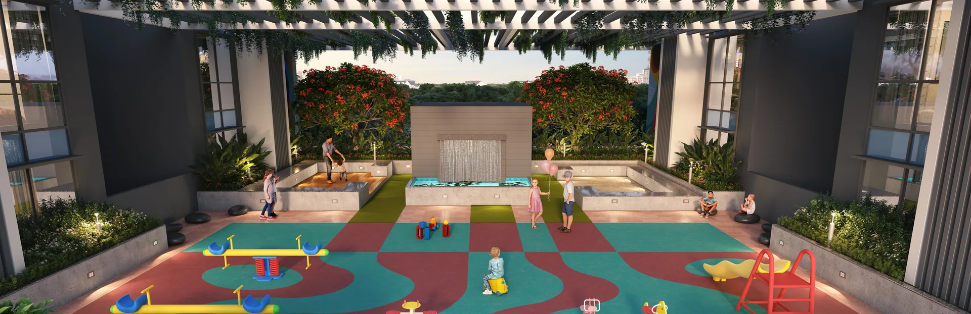 Podium kids' play area with a water feature and pergola at Dream Delmont, Bavdhan