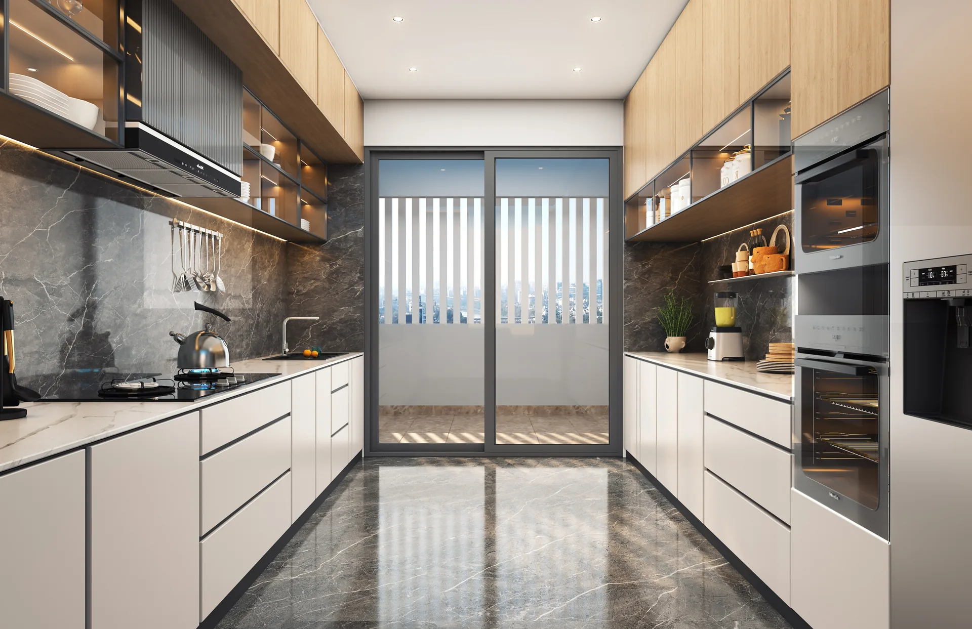 Sample parallel kitchen with built-in appliances at Dream Delmont, Bavdhan