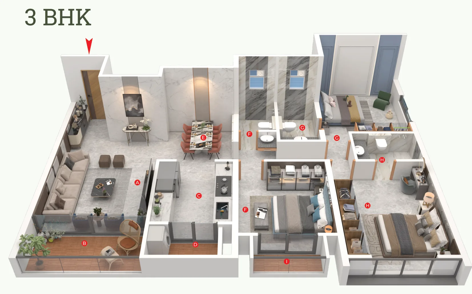 3D view of the 1,110 sq ft 3 BHK home at Dream Delmont, Bavdhan