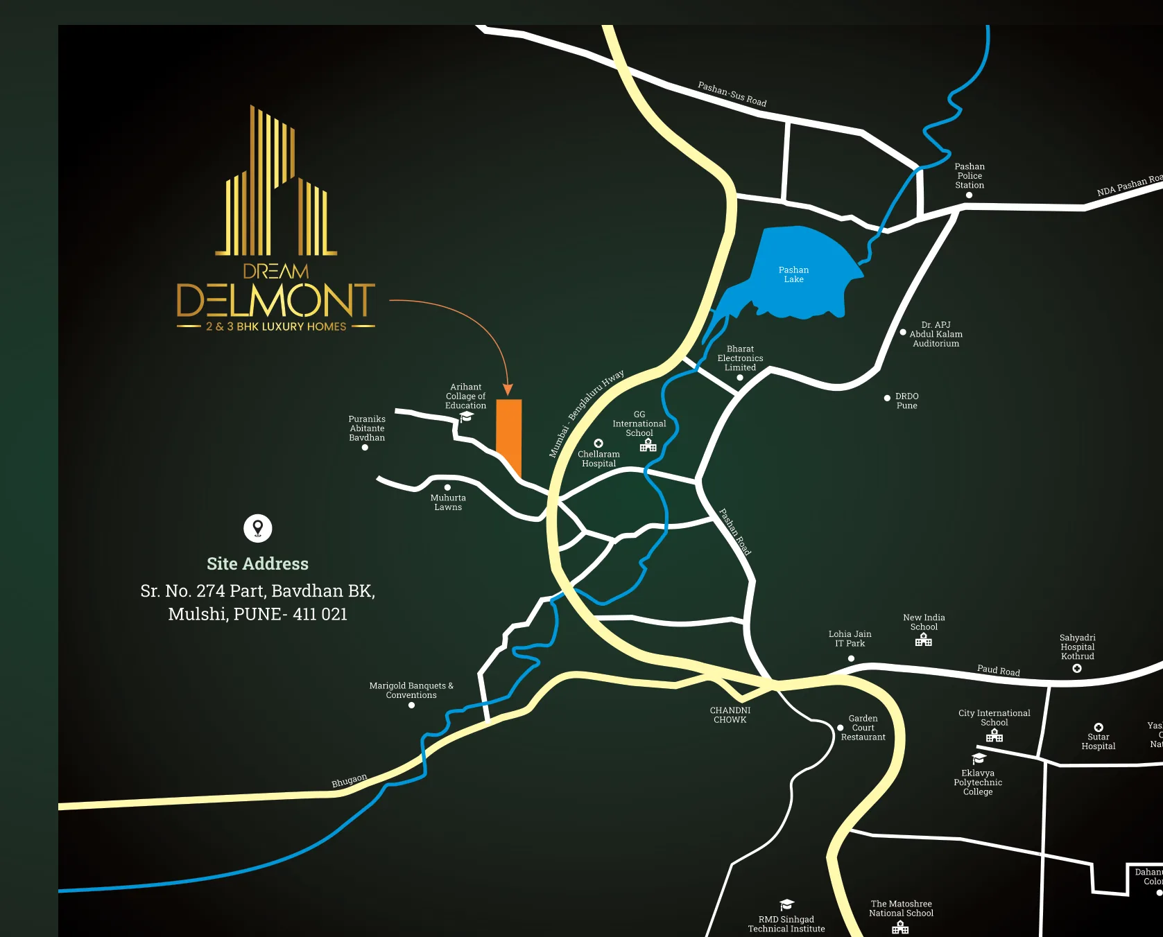 Location map of Bavdhan, Chandni Chowk, Pashan and the highway around Dream Delmont, Bavdhan