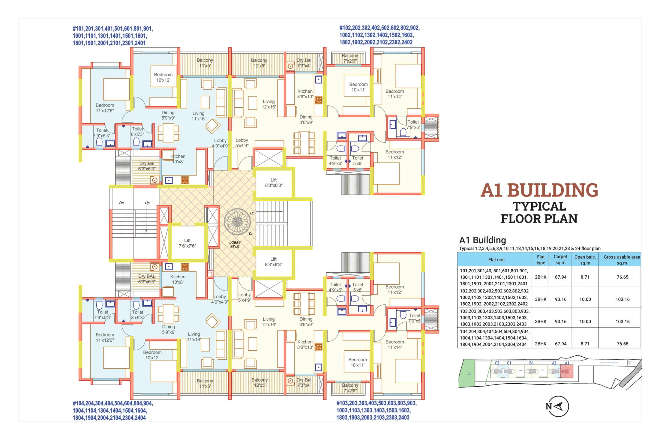 A1 building typical floor plan with two 2 BHK and two 3 BHK homes at Dream Delmont, Bavdhan