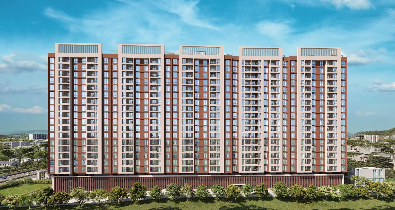 Full frontage of the five towers by day at Avani Amara, Mundhwa